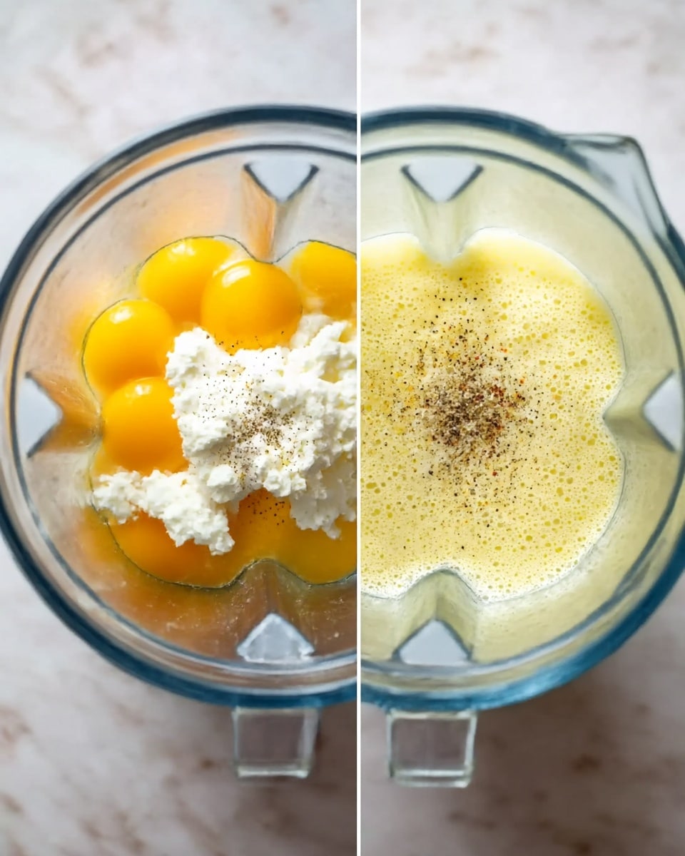 A clear blender container is shown in two side-by-side images on a white marbled surface. In the first image, there are four egg yolks at the bottom, topped with a heap of white cottage cheese, a sprinkle of black pepper, and a dash of salt. The second image shows the same container with the ingredients mixed into a smooth, light yellow frothy liquid filling most of the container. The lighting is bright and soft, highlighting the textures inside the clear container. photo taken with an iphone --ar 4:5 --v 7