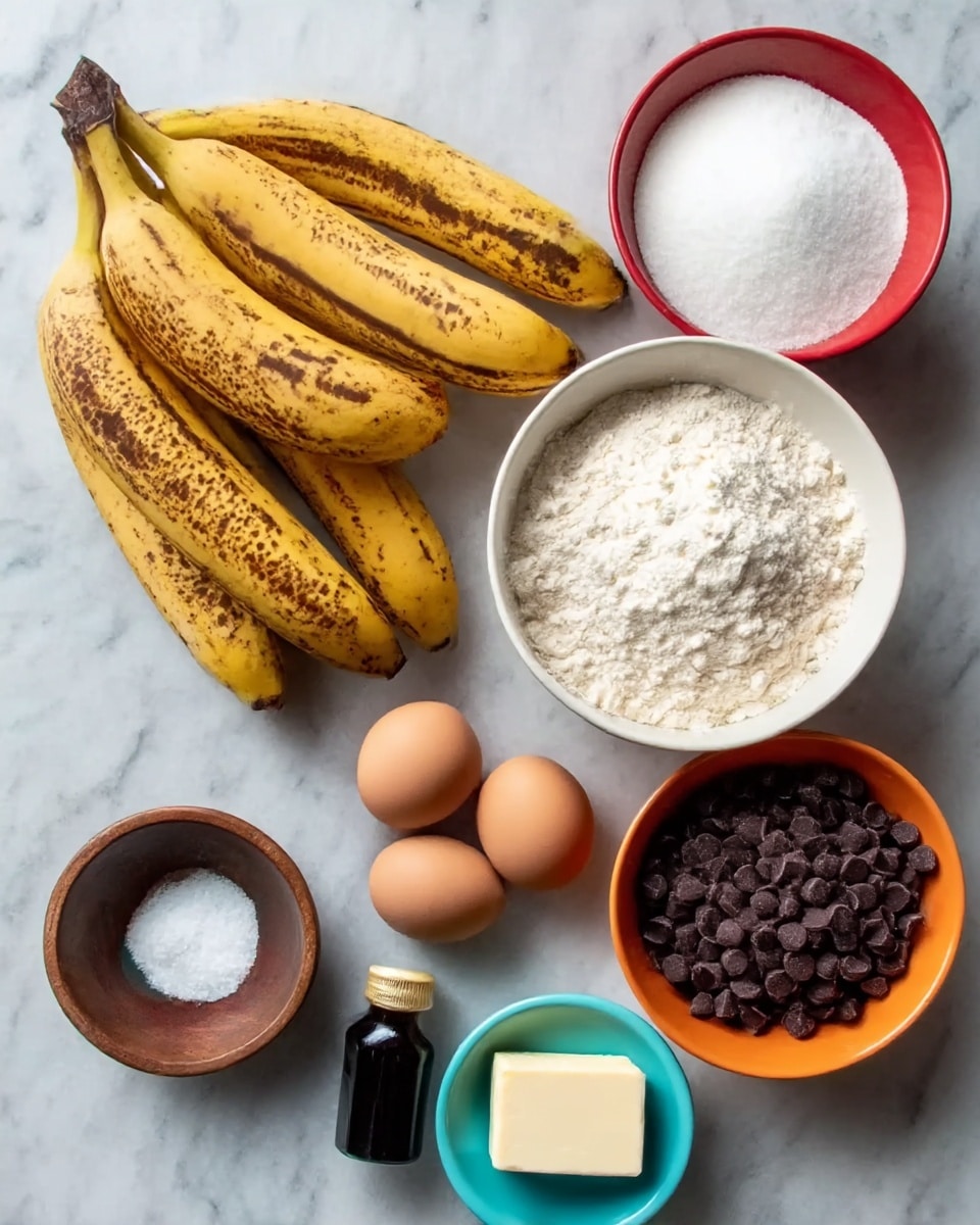 The image shows various baking ingredients arranged neatly on a white marbled surface. There are four ripe bananas with brown spots on the top left, a large white bowl filled with white flour on the bottom right, and an orange bowl filled with dark brown chocolate chips on the bottom left. Next to the bananas, a small brown wooden bowl contains white salt, and a small turquoise bowl has white baking soda. Two brown eggs lie side by side near the center along with a white stick of butter. A dark vanilla extract bottle is placed near the eggs. Behind all these ingredients, there is a red bowl filled with white sugar. Photo taken with an iphone --ar 4:5 --v 7