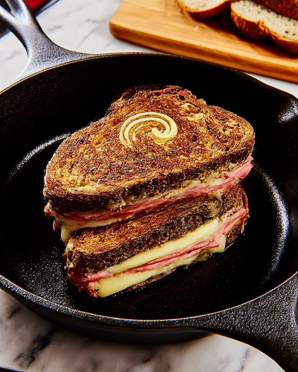 A sandwich with two dark brown toasted bread slices, one on top showing a swirl of melted butter. Inside the sandwich, layers include thin pink slices of meat and pale yellow cheese. The sandwich sits in a black cast iron skillet with a rough texture. The background includes a white marbled surface and part of a wooden cutting board with some bread slices visible. Photo taken with an iphone --ar 4:5 --v 7