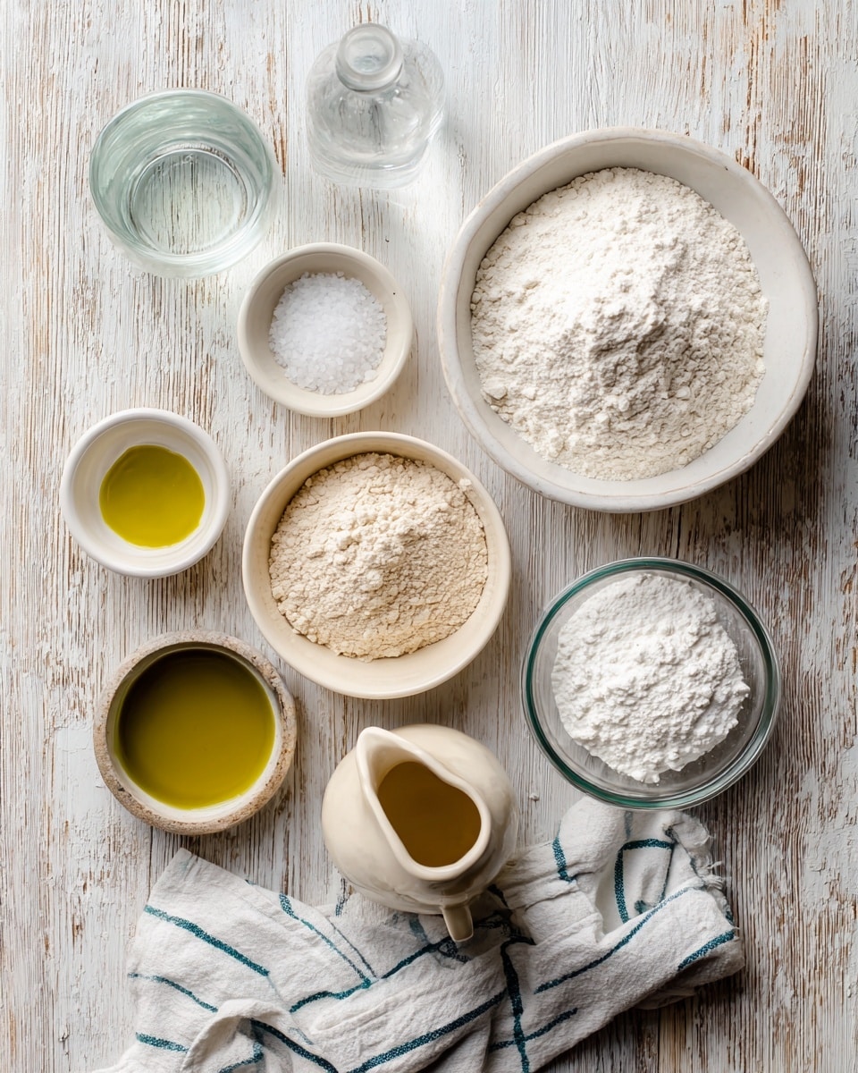 The image shows a top view of seven small white bowls and a glass jar arranged on a white marbled surface. Each bowl holds a different ingredient: one contains white bread flour with a soft powdery texture, another holds whole wheat flour with a light brown color and fine texture. There is a bowl of sourdough discard, creamy and off-white in color. Another small bowl contains instant yeast in small granules, light beige in color. One bowl has fine sea salt with a white crystalline texture. The glass jar is filled with clear water, and a small bowl of olive oil shows a smooth, yellow-green liquid. The items are neatly spread out with a light-colored cloth partially visible near the bottom right. photo taken with an iphone --ar 4:5 --v 7