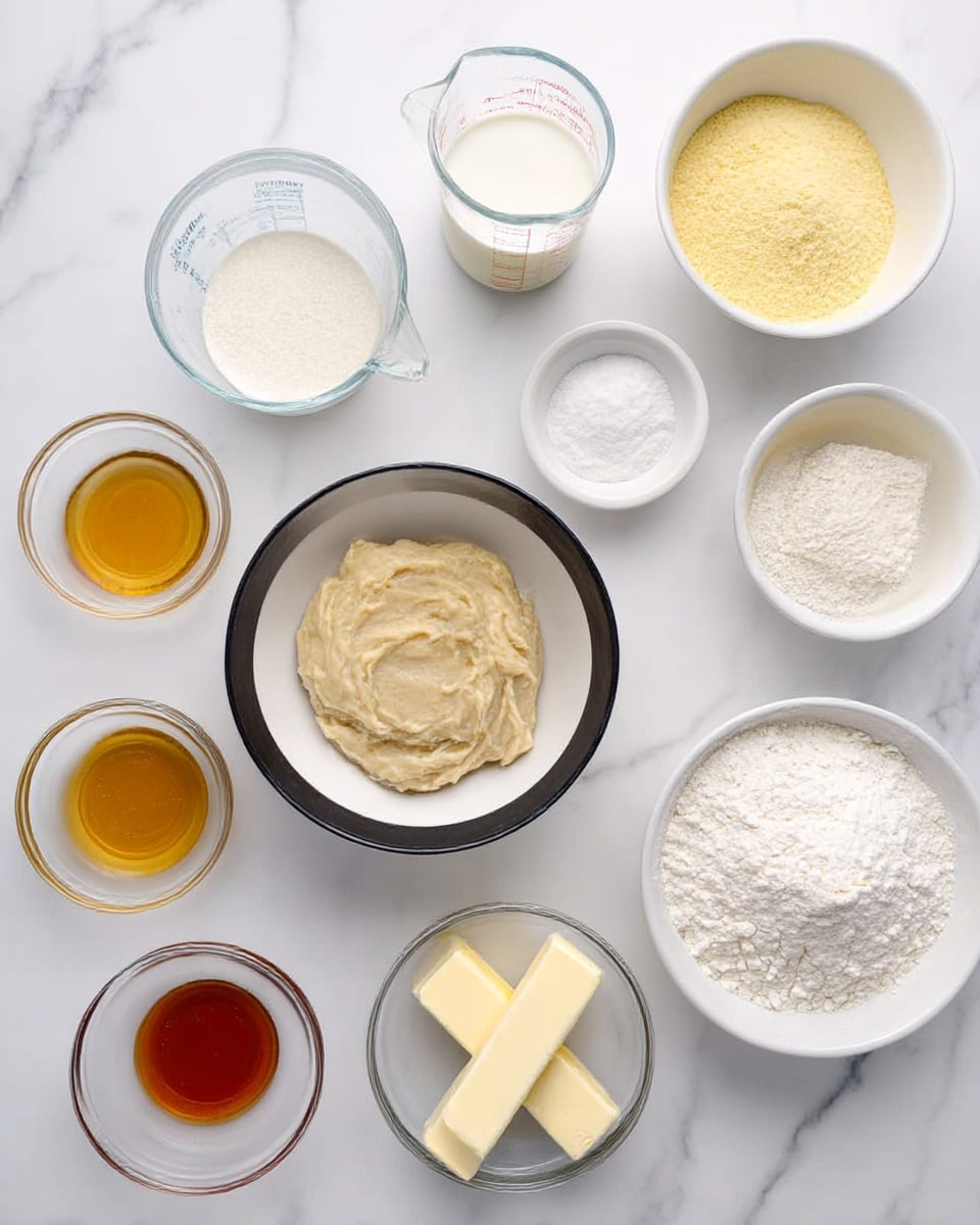 The image shows various ingredients in separate bowls and containers on a white marbled surface. In the center, there is a white bowl with a black rim filled with a light beige, smooth, chunky paste. To the right, a white bowl contains a light yellow powder. Next, a clear measuring cup holds a white liquid. Above it, a small white bowl has a small amount of white powder, likely salt. Below the center bowl is a white bowl filled with a fine white powder, and beside it, two sticks of butter wrapped in paper laying side by side. At the bottom right, a white bowl contains a pile of white flour. On the left side, there are three small clear bowls with different liquids: one has a light amber liquid, one darker amber, and one medium amber color. The overall setup is neat and well-arranged. photo taken with an iphone --ar 4:5 --v 7