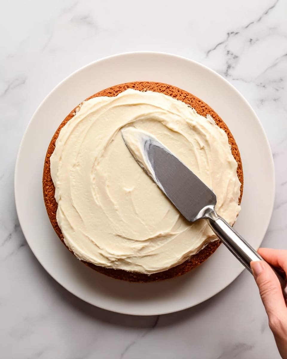 A single round brown cake layer sits on a white plate over a white marbled surface. The top of the cake is being covered with an even layer of thick, creamy white frosting, which is spread smoothly with a metal spatula held by a woman's hand. The texture of the cake is slightly rough, while the frosting is soft and smooth, spreading from the center to the edges with some visible strokes. The photo taken with an iphone --ar 4:5 --v 7