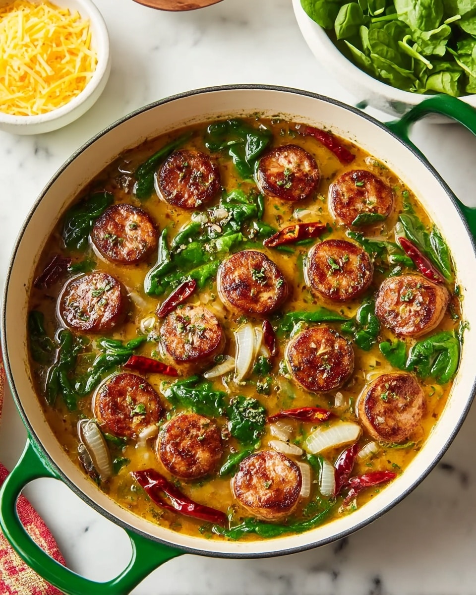The image shows a white enameled pan with green handles filled with a dish featuring around 15 evenly spaced, browned sausage slices floating in a golden brown broth. Among the sausage slices are bright green spinach leaves and small pieces of translucent cooked onions, along with red dried chili peppers scattered around. The broth looks slightly thick with visible herbs sprinkled on top, adding texture and color contrast. The pan is placed on a white marbled surface, and nearby is a small white bowl filled with grated yellow cheese and a white bowl with fresh leafy greens. photo taken with an iphone --ar 4:5 --v 7