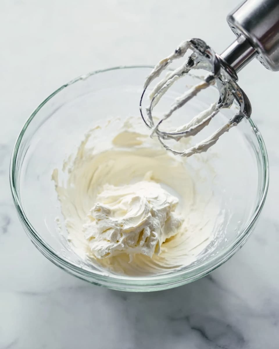 A clear glass bowl sits on a white marbled surface, containing a small pile of soft, white creamy mixture with a light, smooth texture. Above the bowl, a metal hand mixer with some of the same creamy mixture clinging to its beaters is visible, suggesting the mixture has just been whipped or stirred. The scene is bright and clean, with soft light highlighting the white creamy texture inside the bowl. Photo taken with an iphone --ar 4:5 --v 7