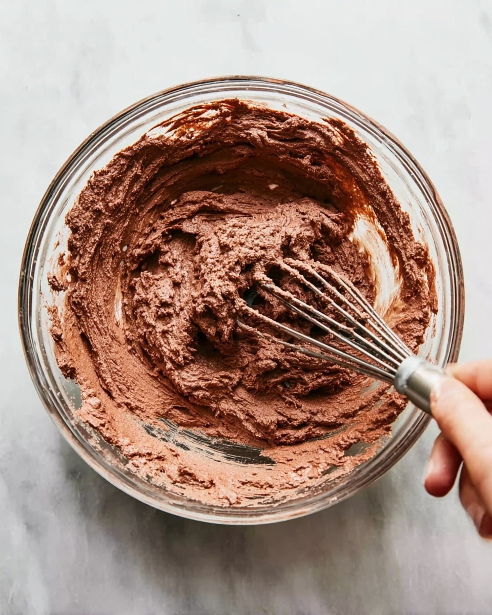 A clear glass bowl holds thick, fluffy chocolate batter with visible swirls and slightly uneven texture. The batter has a rich, dark brown color with lighter spots where it is mixed unevenly. A metal whisk coated with the same chocolate batter is held by a woman's hand near the edge of the bowl. The bowl sits on a white marbled surface, adding a clean and smooth background to the scene. photo taken with an iphone --ar 4:5 --v 7