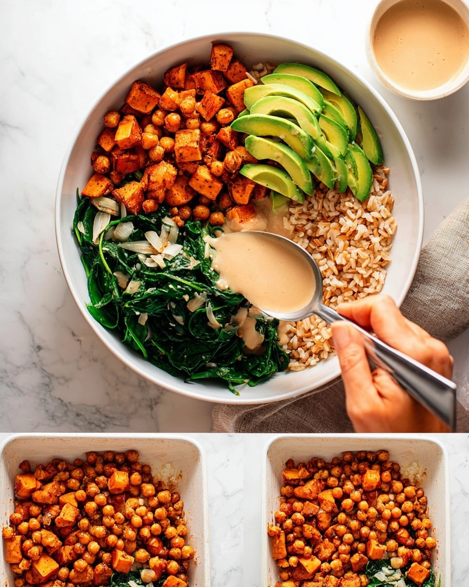 The final dish is a bowl with four main layers, starting from the bottom right: cooked brown rice forming a soft beige base, sautéed dark green spinach with sliced garlic on the left side, roasted chickpeas and cubed sweet potatoes that are golden brown and slightly crisped arranged in the center and right, and sliced light green avocado pieces layered neatly on the top right. A woman's hand holds a silver spoon above the bowl, pouring creamy beige sauce over the roasted chickpeas and sweet potatoes. The bowl is white and sits on a white marbled surface, with a small bowl of sauce in the background, photo taken with an iphone --ar 4:5 --v 7