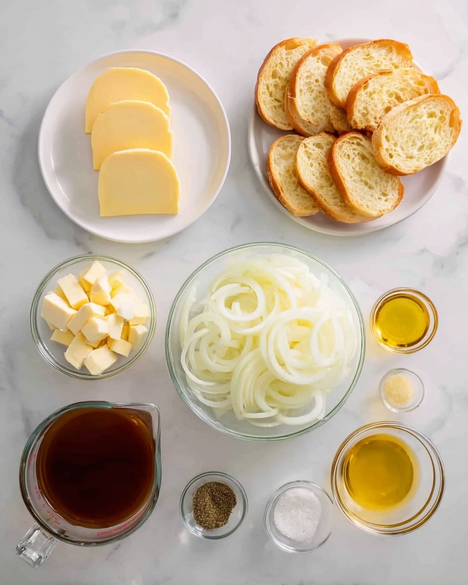 A top view of various cooking ingredients arranged neatly on a white marbled surface: a white plate with three round slices of pale yellow cheese on the top left, a white plate with several slices of toasted bread in the center, and a clear glass bowl filled with thin, white onion slices on the top right. Below the bread are small clear glass bowls with diced cheese, butter cubes, salt and pepper mix, and grated cheese. On the bottom left is a glass measuring cup filled with dark brown liquid broth. Near the top center, two small glass bowls contain yellowish cooking oil and honey. All items are spread evenly and clearly visible, photo taken with an iphone --ar 4:5 --v 7