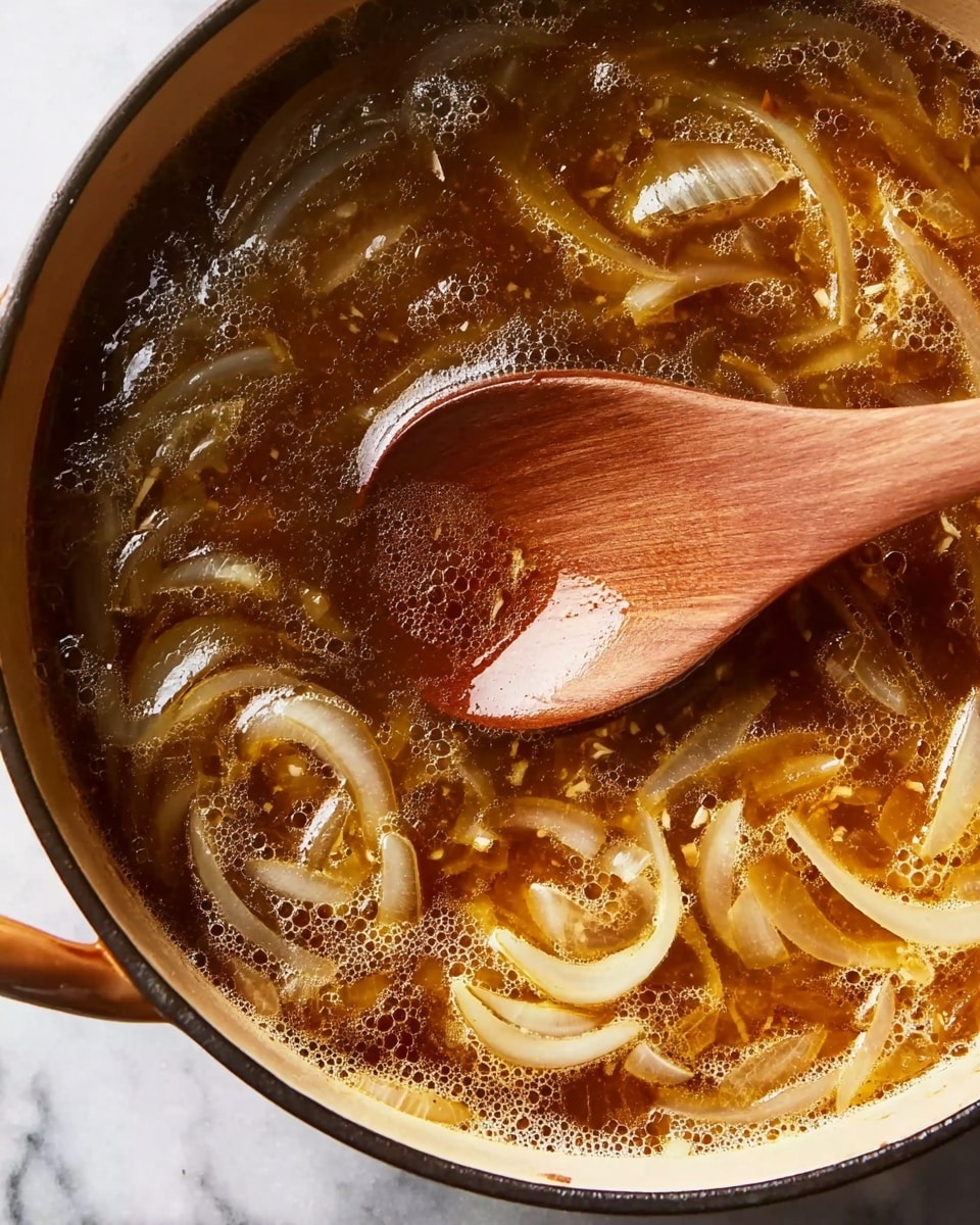 The image shows a close-up view of a pot filled with a brown broth containing soft, light yellow to translucent onion slices floating on the surface. The broth has tiny bubbles and some foam around the edges, showing it is hot and simmering. A wooden spoon with a smooth texture is stirring the pot, partially submerged in the broth and resting on some onions. The pot's inside edge is visible, and the background surface is a white marbled texture. Photo taken with an iphone --ar 4:5 --v 7