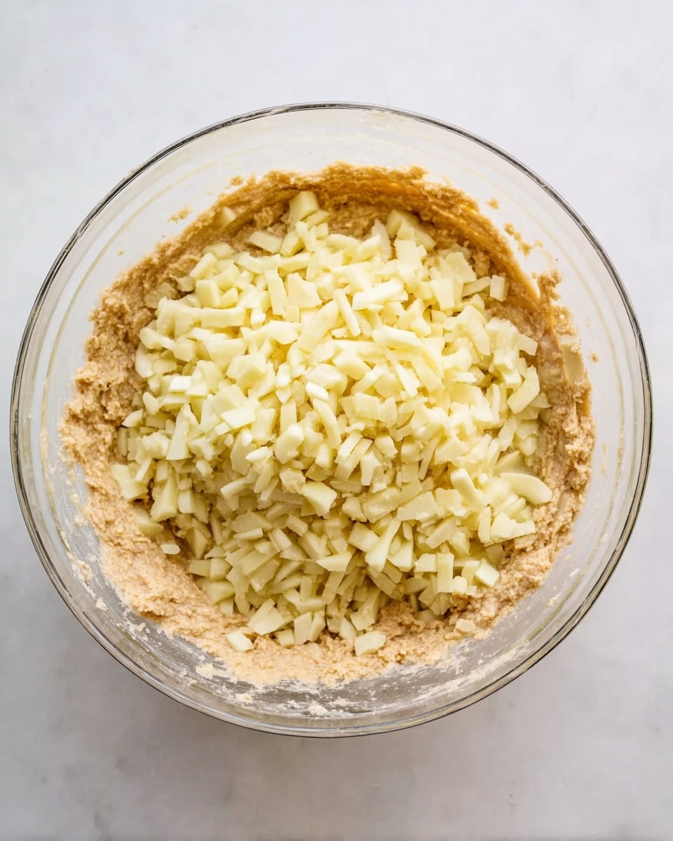 A clear glass bowl sits on a white marbled surface, filled with two layers of mixture. The bottom layer is a thick, light brown batter with a slightly rough texture, sticking to the sides of the bowl. On top, there is a generous layer of small, pale yellow diced pieces, spread evenly across the batter. The overall look is fresh and simple. Photo taken with an iphone --ar 4:5 --v 7