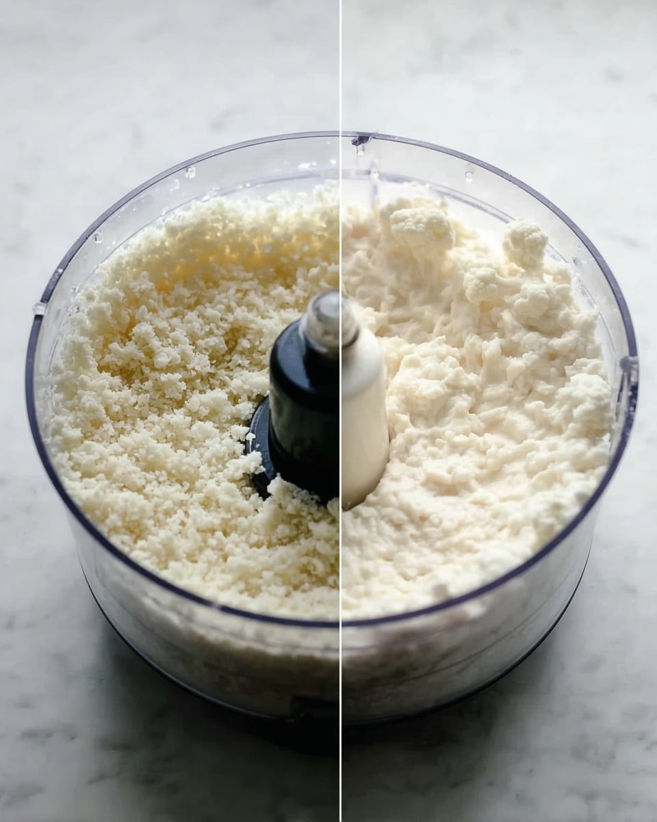 The image shows a clear food processor bowl on a white marbled surface, filled with small, grainy white pieces resembling cauliflower that are being processed. On the right side, the processor bowl contains a smoother white mixture that looks creamy and finely blended, creating a soft texture. The clear bowl and base reflect the light, highlighting the difference between the rough and smooth states of the contents photo taken with an iphone --ar 4:5 --v 7