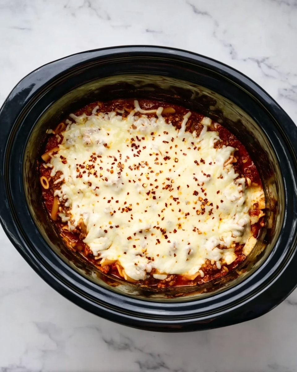 The image shows a black oval slow cooker filled with a layered pasta dish. The bottom layer is a rich red tomato sauce with visible pasta pieces mixed in. On top of this is a thick, even layer of melted, creamy white cheese covering most of the surface, sprinkled lightly with small bits of red pepper flakes. The slow cooker sits on a white marbled surface. photo taken with an iphone --ar 4:5 --v 7