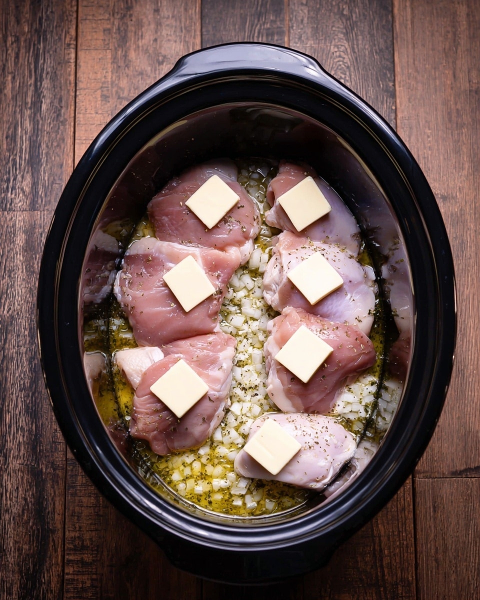 In a black slow cooker, there are two rows of raw pink pieces of chicken thighs arranged side by side, totaling eight pieces. Underneath and between the chicken, there is a layer of small white chopped onions mixed with herbs and oil, giving a greenish-yellow hue around the chicken. On top of four of the chicken pieces, there are square pats of pale yellow butter placed evenly. The slow cooker is set on a rustic dark wood surface which is changed to a white marbled texture. photo taken with an iphone --ar 4:5 --v 7