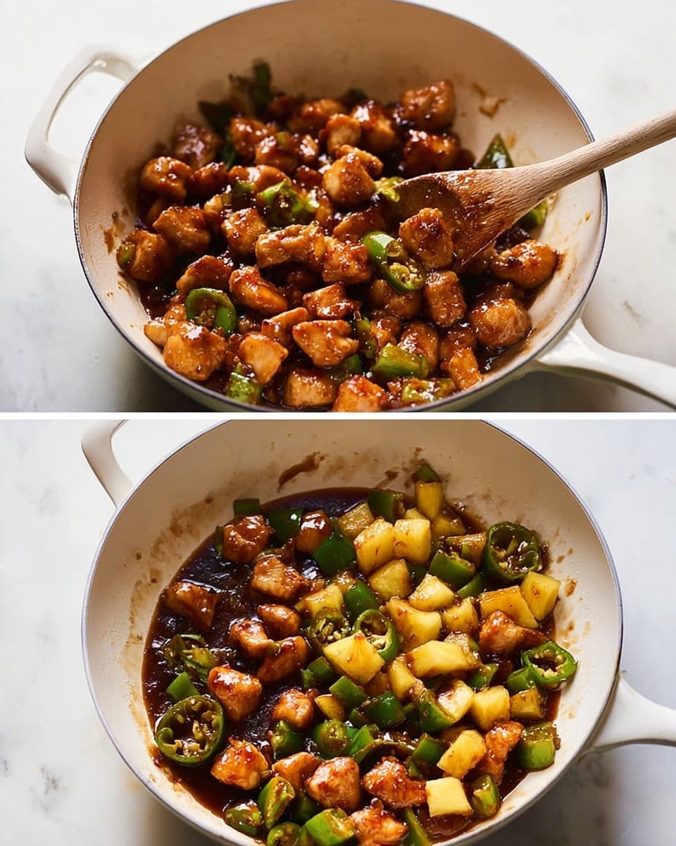 The image shows two close-up views of a white pan filled with cooked bite-sized pieces of meat, likely chicken, mixed with sliced green chili peppers. The pieces have a golden brown color with a slight shine, and the sauce looks dark and thick, coating the meat well. In the second view, small yellow chunks of pineapple are added to the dish, alongside the chicken and green chili slices, all sitting in the same dark sauce. A wooden spoon is partially visible stirring the mixture inside the pan. The pan rests on a white marbled surface. Photo taken with an iphone --ar 4:5 --v 7
