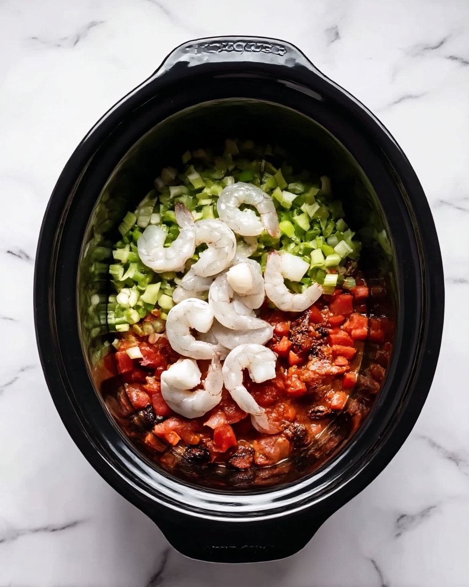 Inside a black slow cooker, there are three layers of ingredients visible. The bottom layer is made of red diced tomatoes and some dark spices, creating a moist, chunky base. Above it, there is a layer of finely chopped green vegetables, likely green peppers and celery, giving a fresh and crisp look. On top of this, raw white shrimp are placed, their curved shapes and smooth shells standing out clearly. The slow cooker is set on a white marbled surface. Photo taken with an iphone --ar 4:5 --v 7