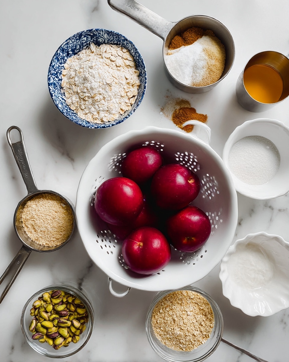 The image shows a top view of ingredients arranged neatly on a white marbled surface. In the center, a white colander holds seven deep red, shiny plums with smooth textures. Surrounding the colander are several small bowls and measuring cups: a blue and white patterned bowl with white flour-like powder at the top left, a metal measuring cup filled with light beige rolled oats just below it, and a smaller clear glass bowl with green pistachios at the bottom left. To the right of the oats, there are two metal measuring cups containing light brown sugar and almond flour. Above these, a white scalloped bowl holds ground spices, while to the right of it, a white bowl contains a creamy white substance. At the top right corner, a white bowl holds a golden orange liquid, and next to it, a small metallic cup contains a yellow liquid. photo taken with an iphone --ar 4:5 --v 7