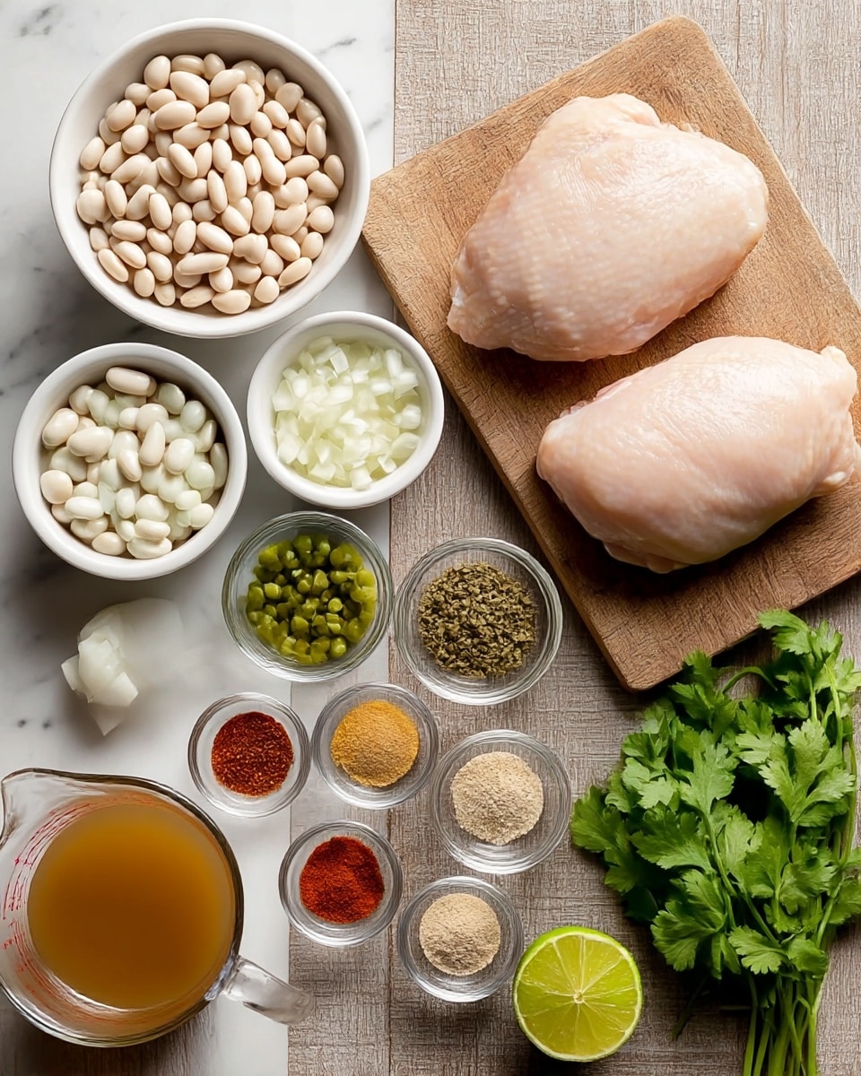 The image shows ingredients neatly arranged on a wooden board with a white marbled background partially visible. On the top right, two large, pale raw chicken pieces lie on a wooden cutting board. To the left, two white bowls are filled with white beans, one slightly larger than the other. Below them, a white bowl holds diced white onions. In the middle, a small white bowl contains minced garlic, while next to it, a clear small bowl contains green chopped peppers. Below these, there is a white bowl filled with salt. Small clear bowls contain ground cumin, dried oregano, red chili powder, and black pepper, arranged in a row. A glass measuring cup holds light brown broth near the bottom left, and a halved lime sits beside a bunch of bright green cilantro leaves at the bottom right. Photo taken with an iphone --ar 4:5 --v 7