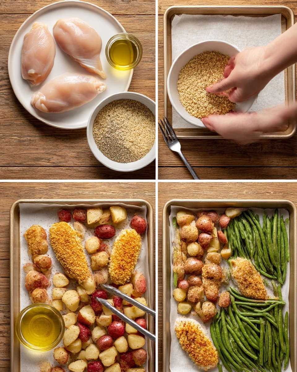 The image shows four layers of a cooking process. The first layer has a white plate with two raw pale pink chicken pieces in the top left corner, a small white bowl filled with golden olive oil in the bottom left corner, and a white bowl in the center with beige bread crumbs mixed with black, white, and light brown spices and a silver fork resting on it, all placed on a wooden surface. The second layer shows a woman's hand holding silver tongs dipping a single raw pale pink chicken piece into the bowl of bread crumbs and spices, with the plate of two chicken pieces and olive oil bowl visible nearby on the wooden surface. The third layer features a baking tray lined with white parchment paper, laden with three breaded chicken pieces coated in light tan crumbs on the left, chopped red and white potatoes seasoned with black pepper in the middle, and fresh green beans on the right, all set on the wooden surface. The fourth layer displays the same baking tray after cooking, with the three chicken pieces now golden brown with a lightly charred top, the red and white potatoes roasted to a golden crisp, and the green beans slightly wrinkled and cooked, all still arranged in rows on the white parchment paper. photo taken with an iphone --ar 4:5 --v 7