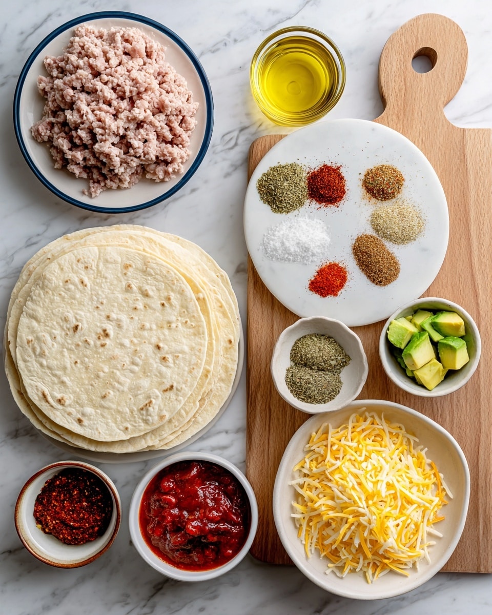 The image shows several ingredients for making tacos arranged neatly on a white marbled surface. In the upper left, there is raw ground chicken placed on a white plate with a blue rim. Below it, four stacked soft white tortillas lie on a wooden board with a small hole on the handle. Above the tortillas, a small clear bowl of golden olive oil is visible. To the right of the oil, a white round plate contains nine different spices and seasonings placed in small piles, including red pepper flakes, chili powder, oregano, garlic powder, cumin, paprika, and salt & pepper, each with distinct colors ranging from deep red to pale beige and white. On the lower right side, there is a small white bowl with sliced avocado pieces showing various shades of green and a small white bowl of chunky red salsa mixed with bits of herbs. Below the tortillas, a white bowl is filled with yellow and white shredded cheddar cheese. The entire setup is clean and bright, with clear labels naming each ingredient, photo taken with an iphone --ar 4:5 --v 7