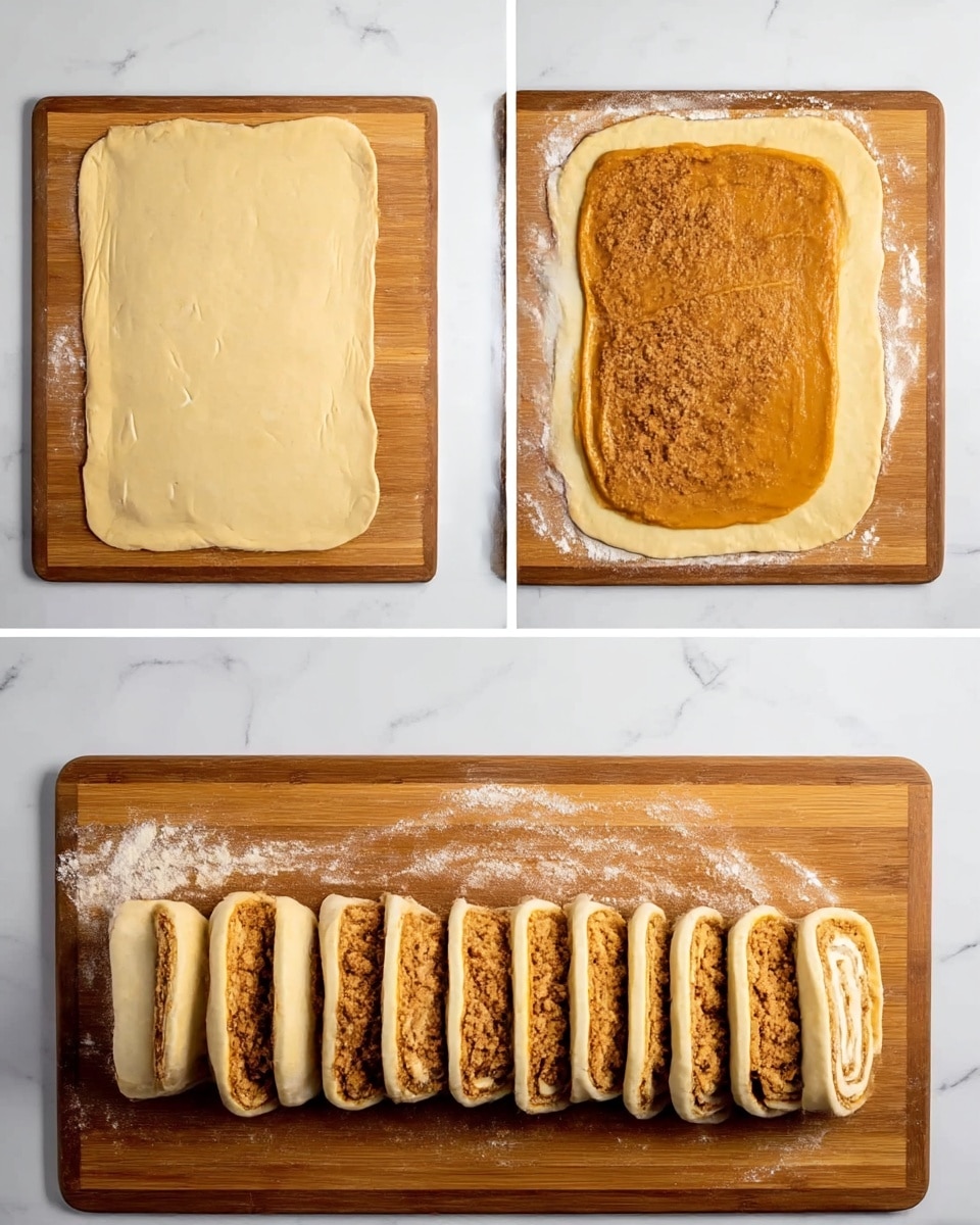 The image shows four stages of making a rolled pastry on a wooden cutting board covered with some flour on a white marbled surface. In the first stage, there is a large flat, light beige dough rectangle. In the second stage, the dough is spread with an even, smooth layer of orange filling. In the third stage, the orange filling is covered with a crumbly, textured brown mixture spread all over the dough. In the fourth stage, the dough is rolled into a log and sliced into ten even pieces, each piece showing layers of dough with little brown textured filling inside. Photo taken with an iphone --ar 4:5 --v 7
