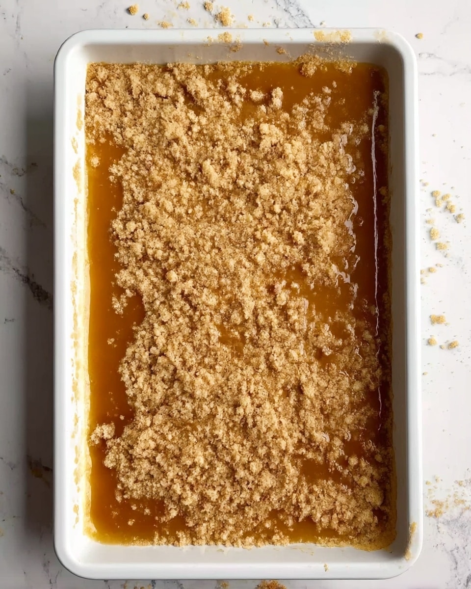 A white baking tray filled with a layered dessert; the bottom layer is a smooth golden brown filling with a glossy texture, covered unevenly with a crumbly light tan topping that looks dry and coarse. The tray sits on a white marbled surface with some crumbs around the edge. photo taken with an iphone --ar 4:5 --v 7