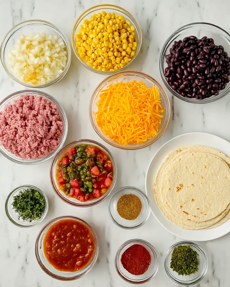 The image shows multiple clear bowls arranged neatly on a white marbled surface. There are seven larger bowls containing yellow corn, finely chopped white onions, pink raw ground meat, shredded orange cheddar cheese, black beans, chopped red tomatoes with herbs, and a red sauce. One medium bowl holds chopped green peppers. Four small bowls below contain minced garlic, green seasoning, reddish-brown chili powder, and red chili flakes. To the right, three white round tortillas are stacked on a white plate. The colors range from yellow, white, pink, orange, black, red, and green in a clean and organized layout, photo taken with an iphone --ar 4:5 --v 7