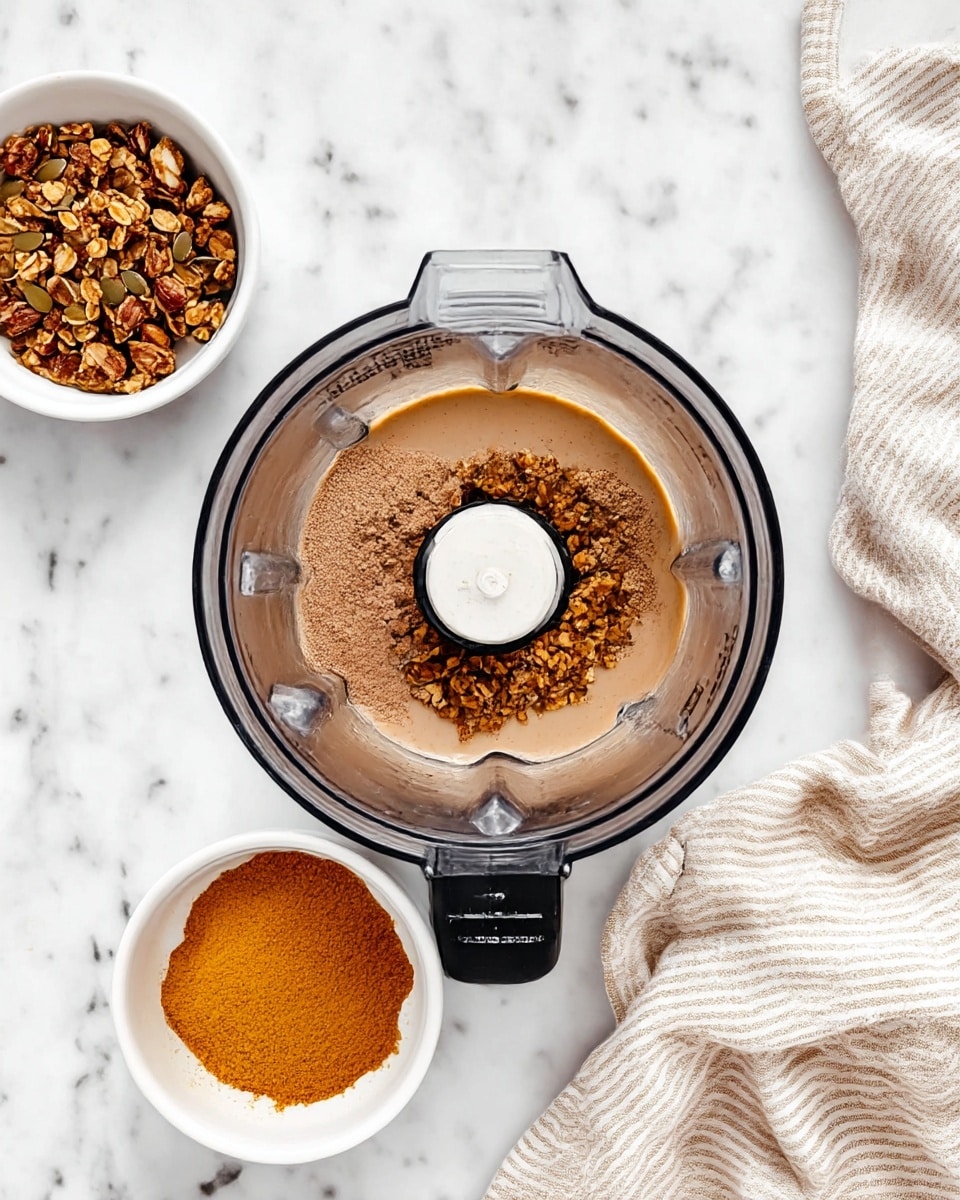 A top-down view shows a blender with three visible layers inside: the bottom layer is light brown liquid, the middle layer is a ring of light brown powder, and the center contains a small pile of toasted granola with a mix of nuts and seeds. Around the blender on a white marbled surface are three white bowls holding granola, light brown powder, and a sauce that is orange-brown in color. To the right side is a wrinkled beige and white striped cloth. photo taken with an iphone --ar 4:5 --v 7