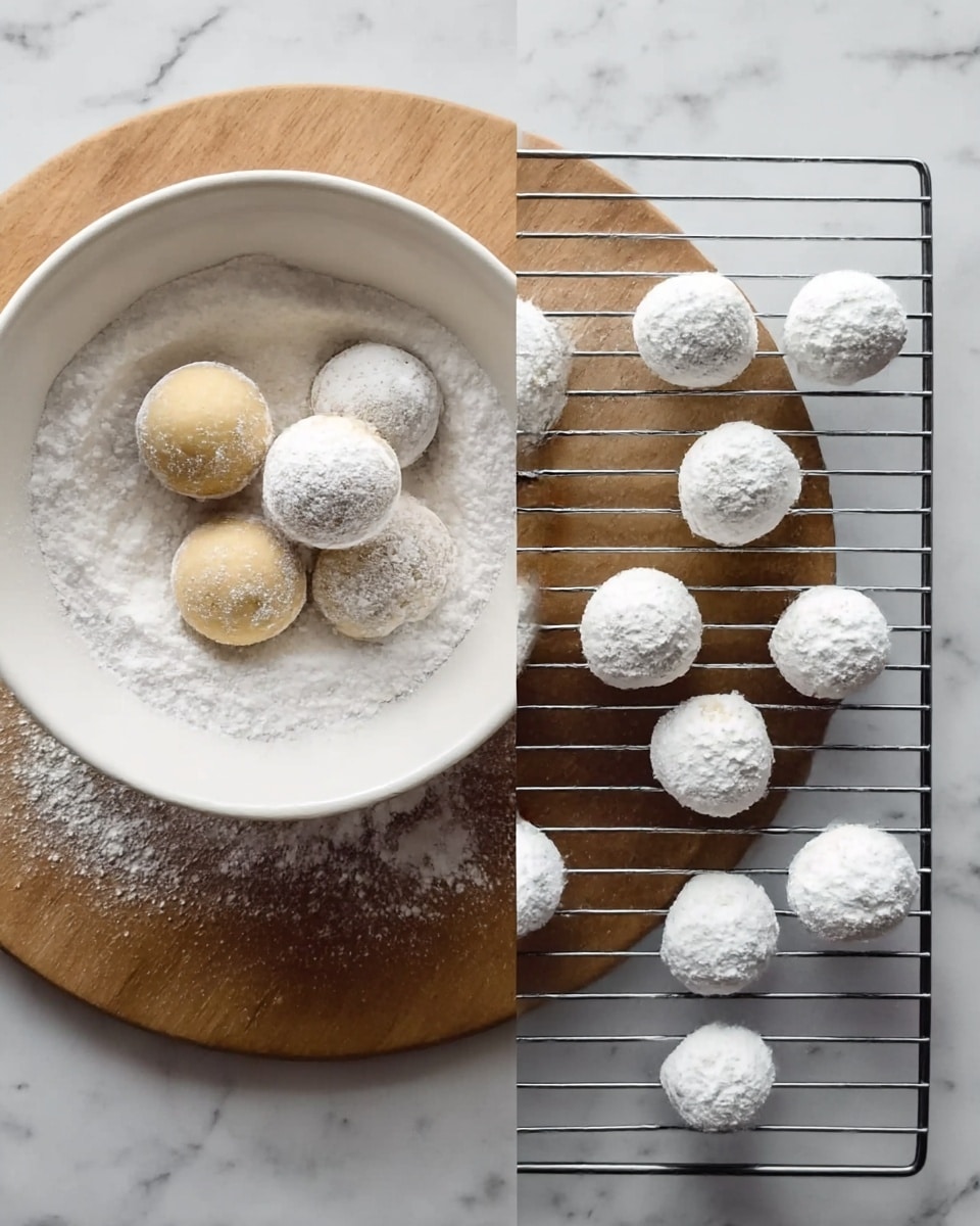 The image shows two scenes side by side. On the left, there is one white bowl filled with white powdered sugar, with three round dough balls inside, partially covered in the powder — two are fully coated in white powder and one is light brown with a soft matte texture. The bowl sits on a round wooden board placed on a white marbled surface. On the right, there is a white cooling rack on the same white marbled surface, holding nine round dough balls evenly spaced in three rows, all coated with powdered sugar, giving them a soft, snowy look. Photo taken with an iphone --ar 4:5 --v 7