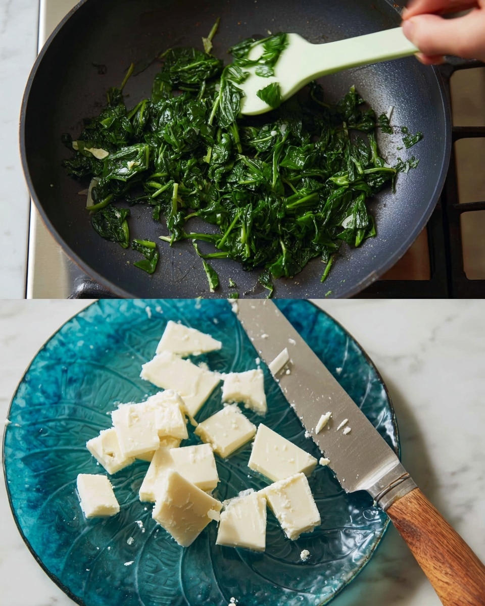 A close-up of a clear blue glass plate on a white marbled surface holding several broken pieces of white cheese with some small holes. A wooden-handled knife with a silver blade is resting on the edge of the plate, partially touching the cheese. In the second image, a black frying pan sits on a stovetop with bright green cooked spinach inside. A woman's hand is holding a light green spatula that is pressing down on the spinach, showing the spinach’s wilted and moist texture. The background shows part of the kitchen counter and stovetop. photo taken with an iphone --ar 4:5 --v 7
