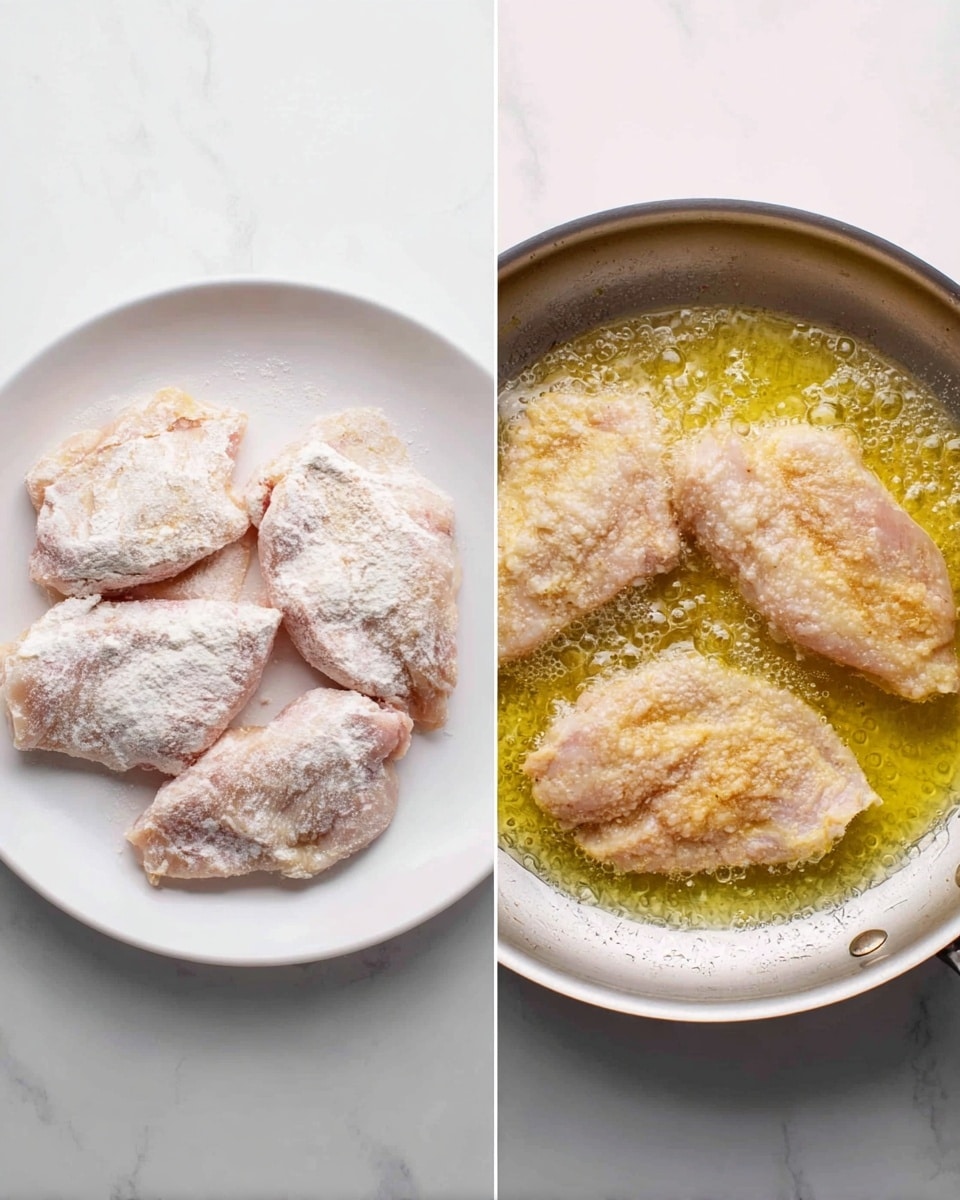 The image shows two side-by-side photos. On the left, three pieces of raw chicken covered in flour rest on a white plate placed on a white marbled surface. The chicken pieces have a light coating of flour, making them pale and slightly dusty in texture. On the right, the same three pieces of chicken are cooking in a metal pan filled with bubbling yellow oil, turning from light pink to a light golden-brown color as they fry. The pan sits on the same white marbled surface. Photo taken with an iphone --ar 4:5 --v 7