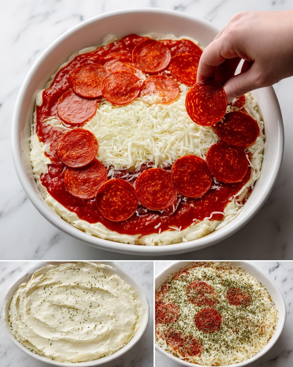 A white oval dish is shown with a five-layer pizza being made on a white marbled surface. The first layer is a thick, creamy white mixture spread evenly. On top of this, a bright red tomato sauce layer is poured fully covering the creamy base. Next, a thick layer of shredded white mozzarella cheese is added, covering the red layer completely. Then, a woman's hand places bright red semi-circular slices of pepperoni in a scattered pattern on the cheese. The final layer shows the same pepperoni slices spread out and sprinkled generously with dried green herbs, sitting on the white shredded cheese beneath. Photo taken with an iphone --ar 4:5 --v 7