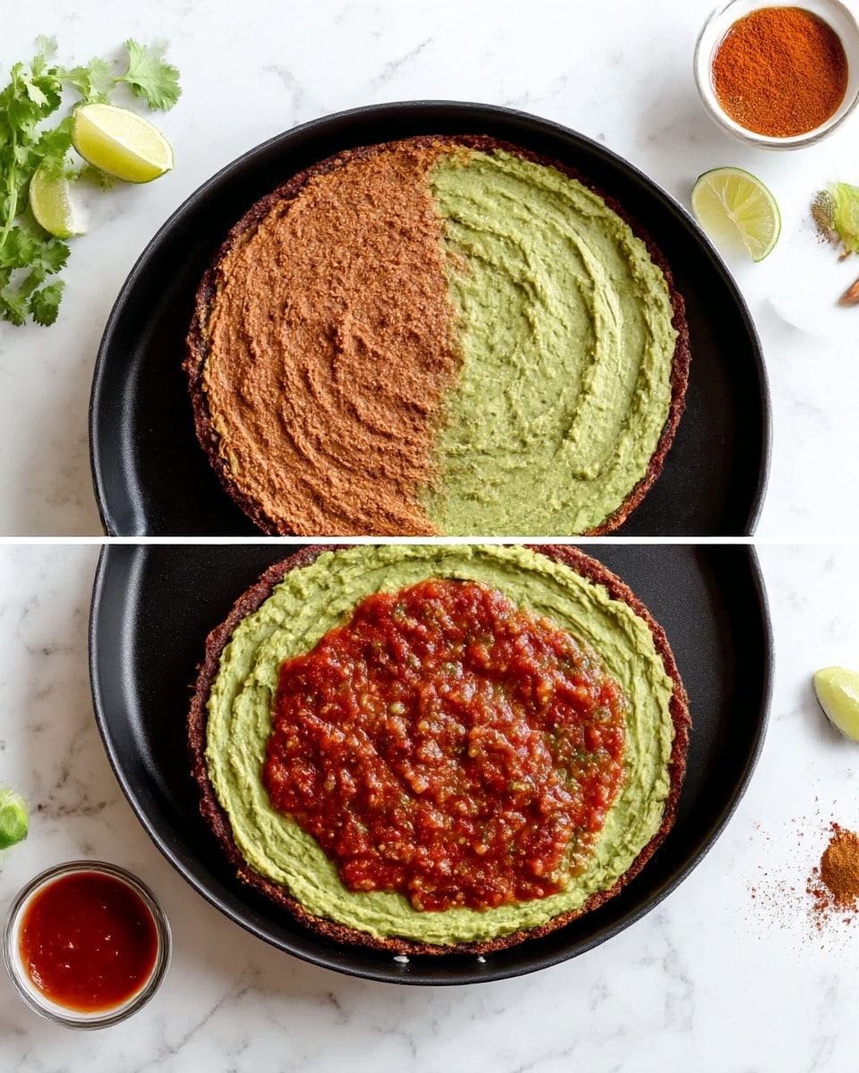 The image shows three steps of making a layered dish on a black round pan placed on a white marbled surface. In the first layer, a rough-textured brown spread is evenly smeared on the pan. In the second step, a smooth green layer with some texture covers the brown layer completely. In the last step, a chunky red sauce with visible bits is spread on top of the green layer. Around the pan, there are lime wedges and a small bowl of red sauce, with a small bunch of cilantro and some spices placed on the white marbled background. photo taken with an iphone --ar 4:5 --v 7