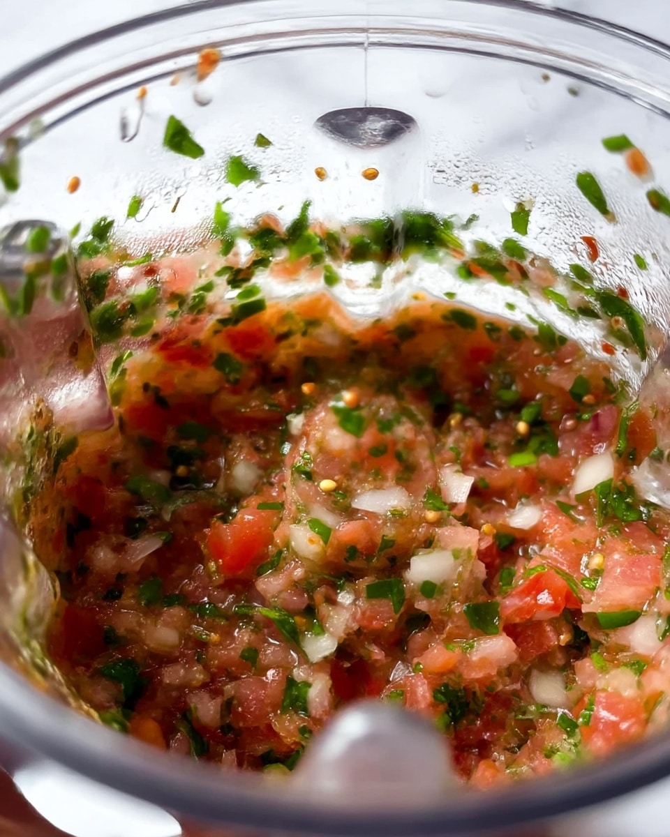 The image shows a close-up of a blender container filled with a finely chopped mix of ingredients. The bottom layer consists of small pieces of red tomatoes with green herbs mixed throughout, giving a colorful mix of reds, greens, and some white bits from onions. The texture looks wet and slightly chunky, with tiny seeds and small leaves visible. The clear plastic container has water drops on the inside, and the blurred background reveals more green herbs floating near the top. The scene is set against a white marbled texture, and a woman's hand is holding the container's edge out of focus. photo taken with an iphone --ar 4:5 --v 7