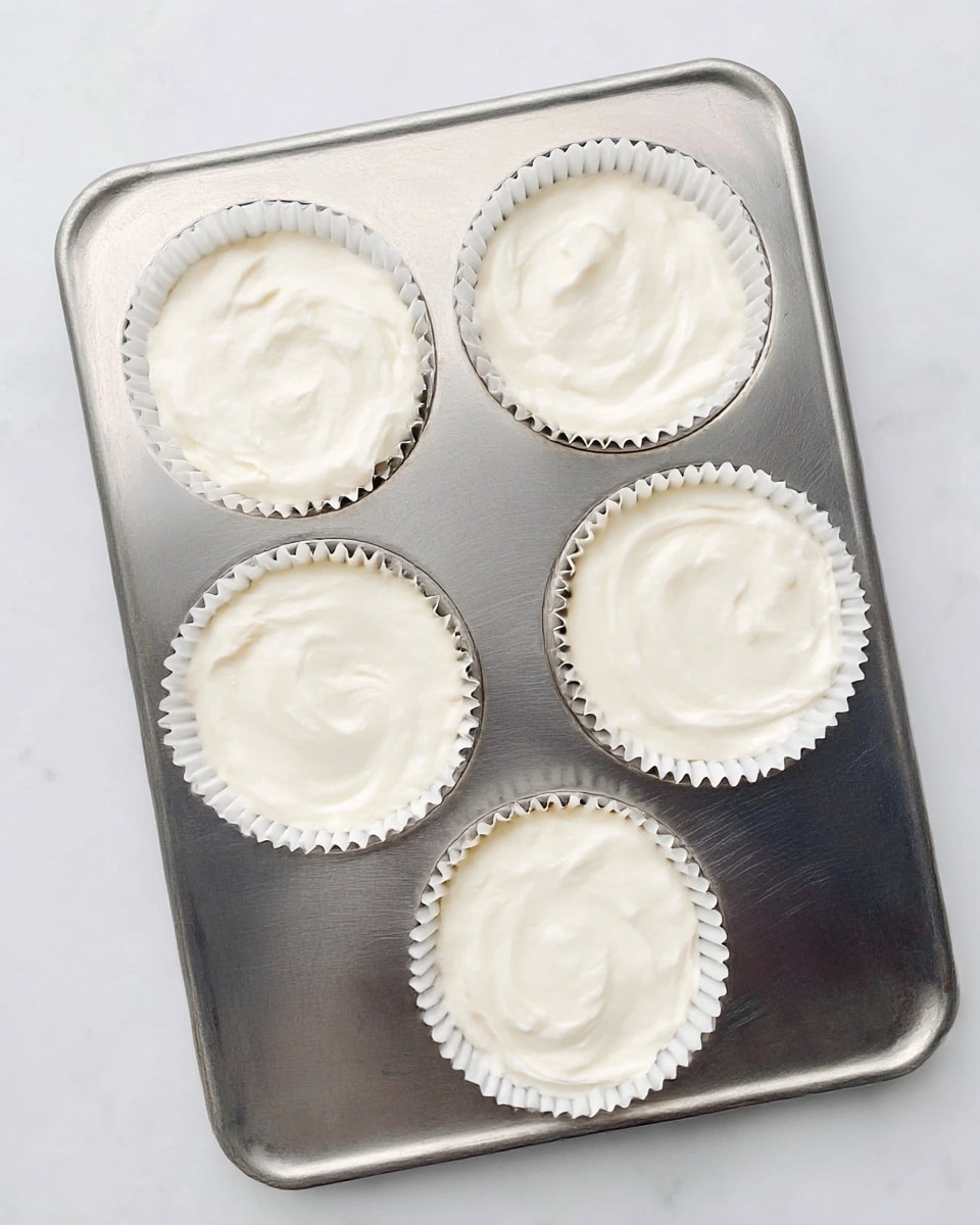The image shows a metal baking tray with four white cupcake liners filled with smooth, creamy white batter. Each liner is evenly filled and has a slightly swirled texture on the surface. The tray is placed on a white marbled texture surface, creating a clean and bright setting. The batter appears soft and ready to be baked, showing no additional decorations or toppings. photo taken with an iphone --ar 4:5 --v 7