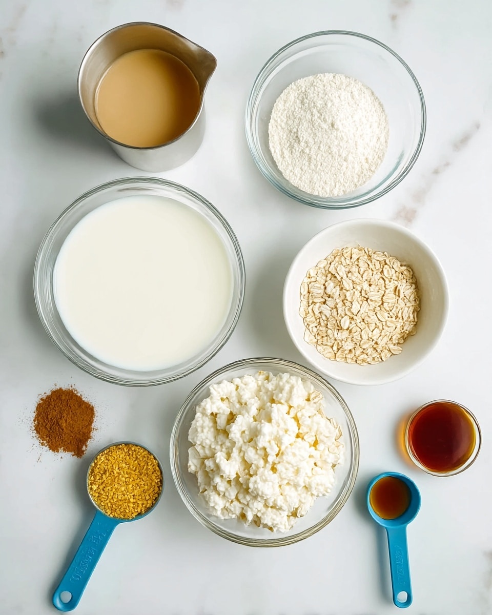 This image shows seven bowls and a metal cup placed on a white marbled surface. In the center right, a white bowl is filled with light beige rolled oats. Below it, a clear glass bowl holds white cottage cheese with a bumpy texture. To the left, another clear glass bowl contains smooth white milk. Above the oats, a smaller clear glass bowl has fine white powder. Above and to the left of this bowl, a silver metal cup is filled with light brown liquid. Near the top left side, a small measuring spoon carries ground brown cinnamon powder. At the bottom right, a blue measuring spoon holds golden yellow flaxseed meal, and next to it, a clear glass bowl contains dark amber vanilla extract. The items are spread out neatly, showing different textures and soft, natural colors. photo taken with an iphone --ar 4:5 --v 7