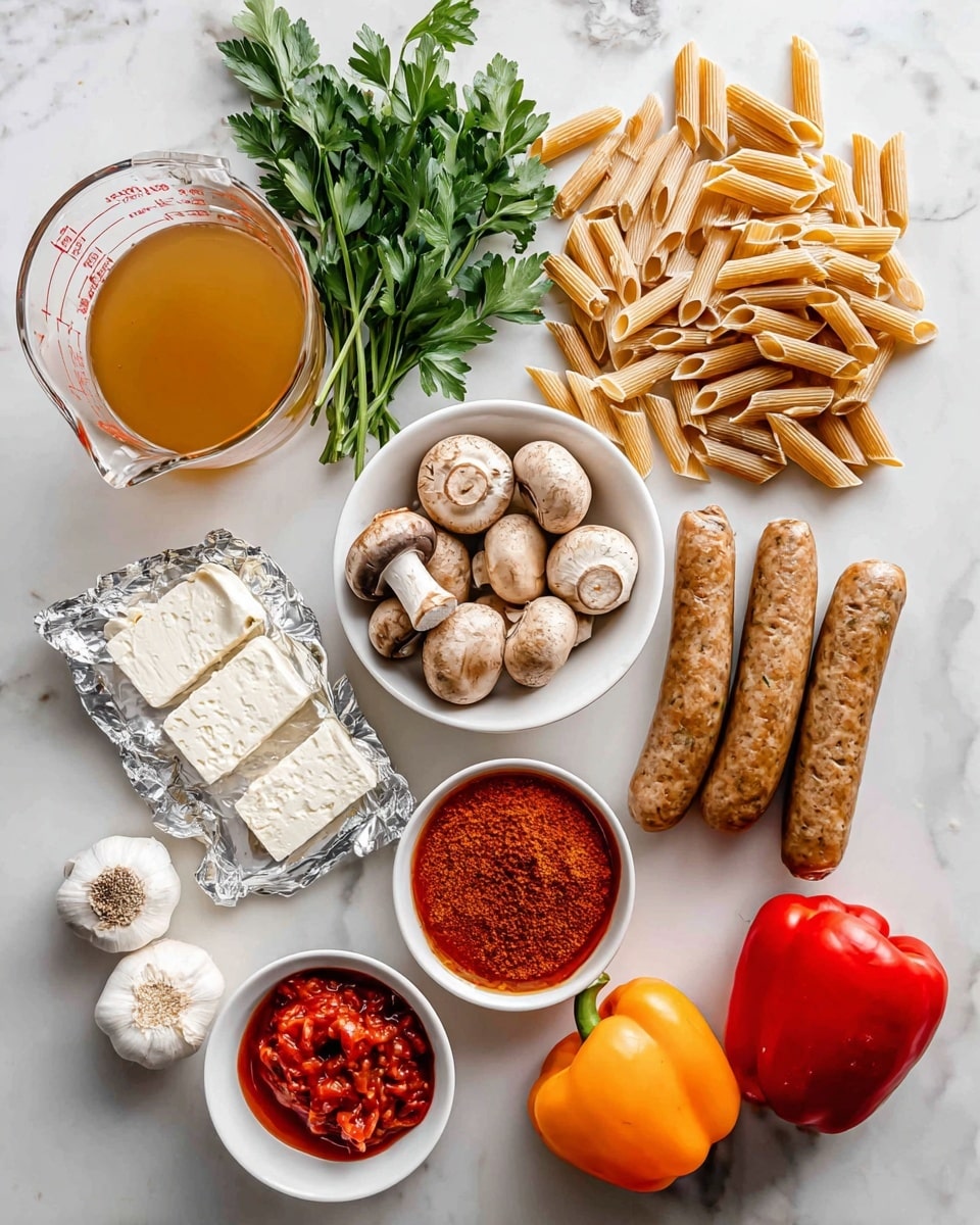 The image shows ingredients for cooking laid out on a white marbled surface. In the top left corner is a glass measuring cup filled with golden chicken broth next to a bunch of fresh, green parsley. To the right are dry, light brown gluten-free penne pasta pieces scattered near the top right corner. Below the pasta are four thick, brown andouille sausages grouped together. Near the center is a small white bowl filled with bright red Cajun seasoning powder. Five small brown mushrooms are placed toward the left side in a loose cluster. Below the mushrooms is another small white bowl holding bright red fire-roasted tomato pieces in liquid. In the bottom left corner is a foil sheet with several blocks of white cream cheese on it. Near the bottom center is a whole garlic bulb with white skin. At the bottom right, two whole bell peppers, one red and one orange, sit side by side. All items are evenly spaced, clearly visible on the smooth white marble surface, photo taken with an iphone --ar 4:5 --v 7