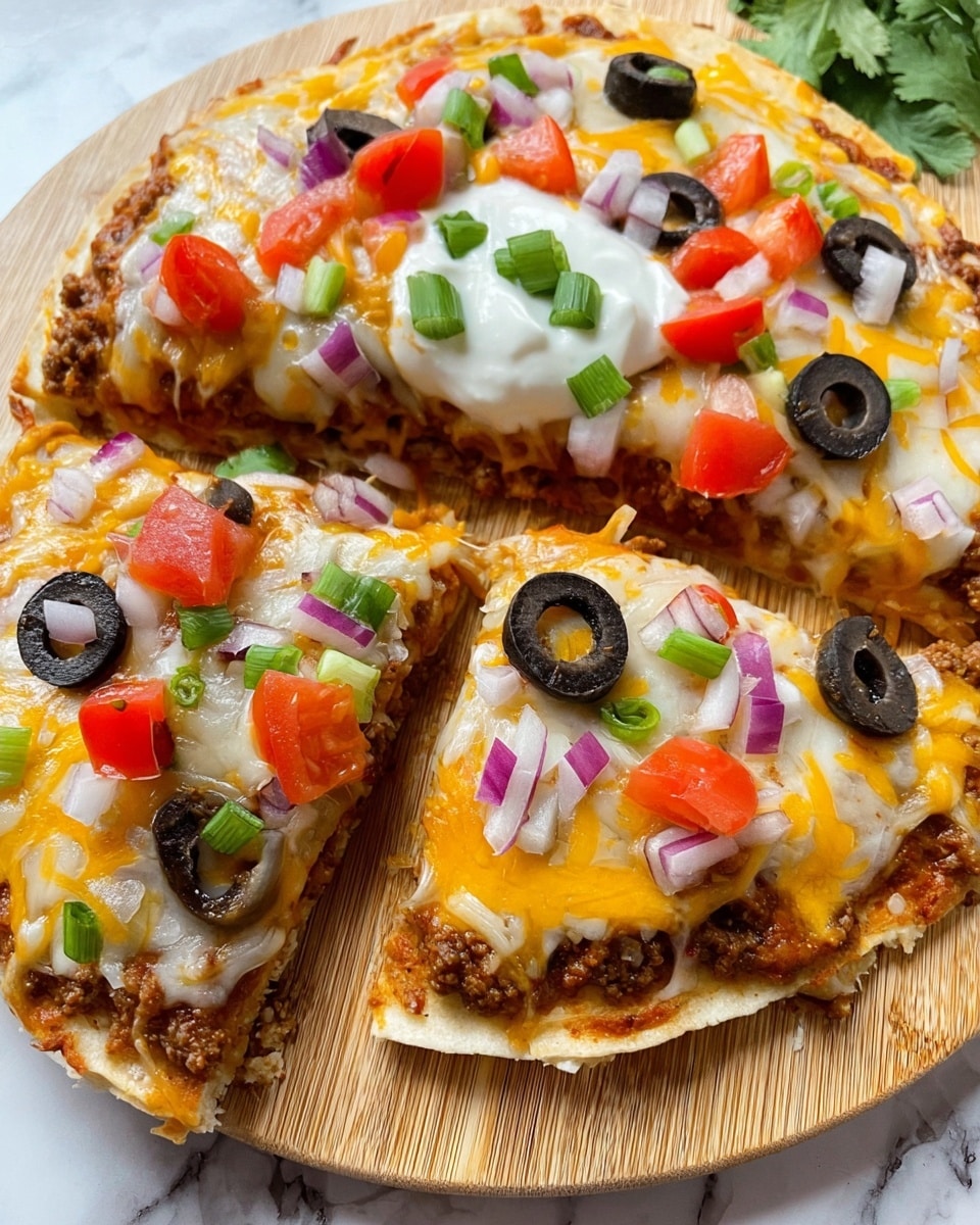 A small pizza is shown with three visible slices, placed on a wooden board over a white marbled surface. The pizza has a thin, light brown crust base with a layer of cooked ground meat visible underneath. Above that, bright orange and white melted cheese covers the top evenly. Each slice is garnished with diced red tomatoes, black olive rings, small chopped purple onions, and green sliced scallions. One slice has a dollop of white sour cream in the middle, topped by some of the same diced vegetables. The cheese looks shiny and slightly browned in spots, giving a warm texture. photo taken with an iphone --ar 4:5 --v 7