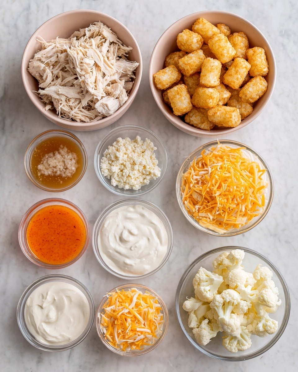 The image shows eight clear or light pink bowls arranged on a white marbled surface, each filled with different ingredients for a recipe. There are two larger light pink bowls holding shredded chicken, which is off-white and fibrous, and golden brown tater tots that look crispy. Surrounding these, six smaller clear bowls contain bright orange buffalo sauce, white cream cheese with a smooth texture, white Greek yogurt with a creamy look, white ranch seasoning powder, crumbled cauliflower with a pale yellow tint, shredded cheddar cheese with a sharp orange color, and shredded Mexican cheese blending orange and white tones. Each ingredient is clearly visible, sitting separately in its bowl, with no mixing or layering. photo taken with an iphone --ar 4:5 --v 7
