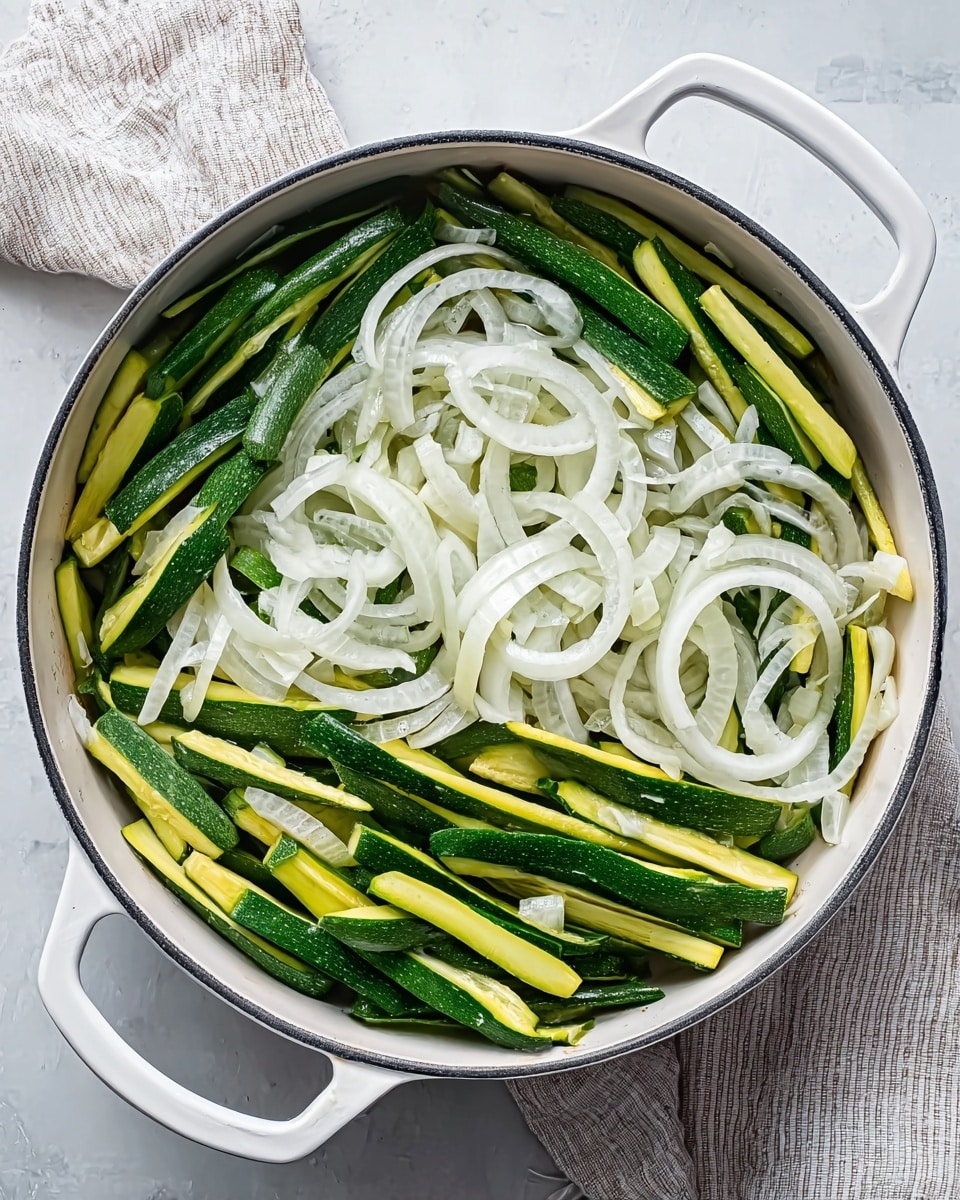 A white pan filled with two layers of vegetables: the bottom layer shows long, bright green zucchini strips lying across the pan, while the top layer has thin, curved slices of white onions spread evenly over the zucchini. The green zucchini strips have a smooth texture, and the white onion slices are slightly translucent. The pan is on a white marbled surface with a light-colored cloth nearby. Photo taken with an iphone --ar 4:5 --v 7