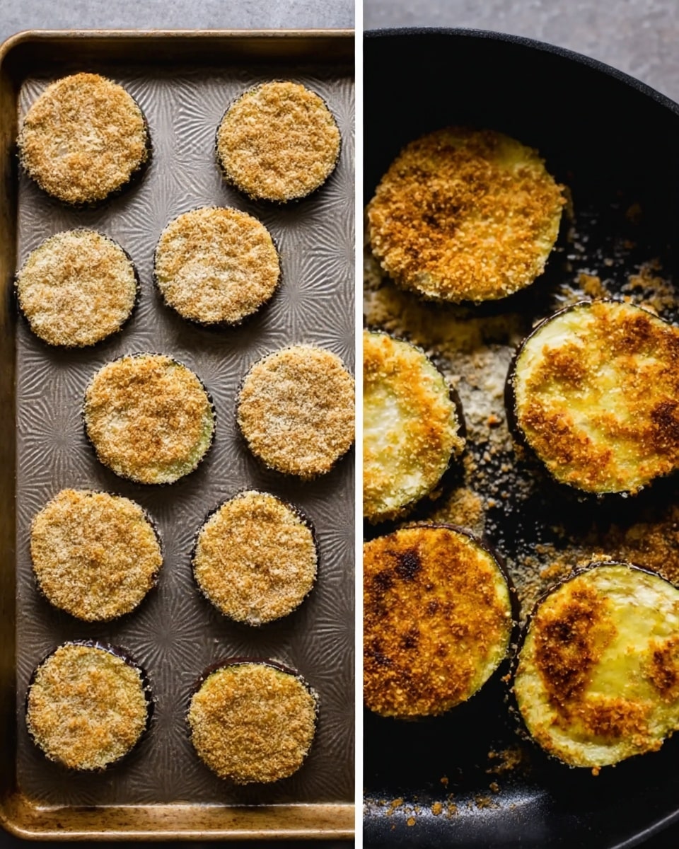 The image shows two side-by-side views of breaded eggplant rounds. On the left, a tray holds twelve eggplant slices arranged in three rows, each slice coated evenly with a light brown crumb mixture. The tray has a textured metal surface. On the right, four eggplant rounds are cooking in a black pan, turning golden brown with some darker crisp spots on top. The eggplant slices have a firm, slightly rough texture, with a soft yellow interior visible beneath the crumb layer. photo taken with an iphone --ar 4:5 --v 7