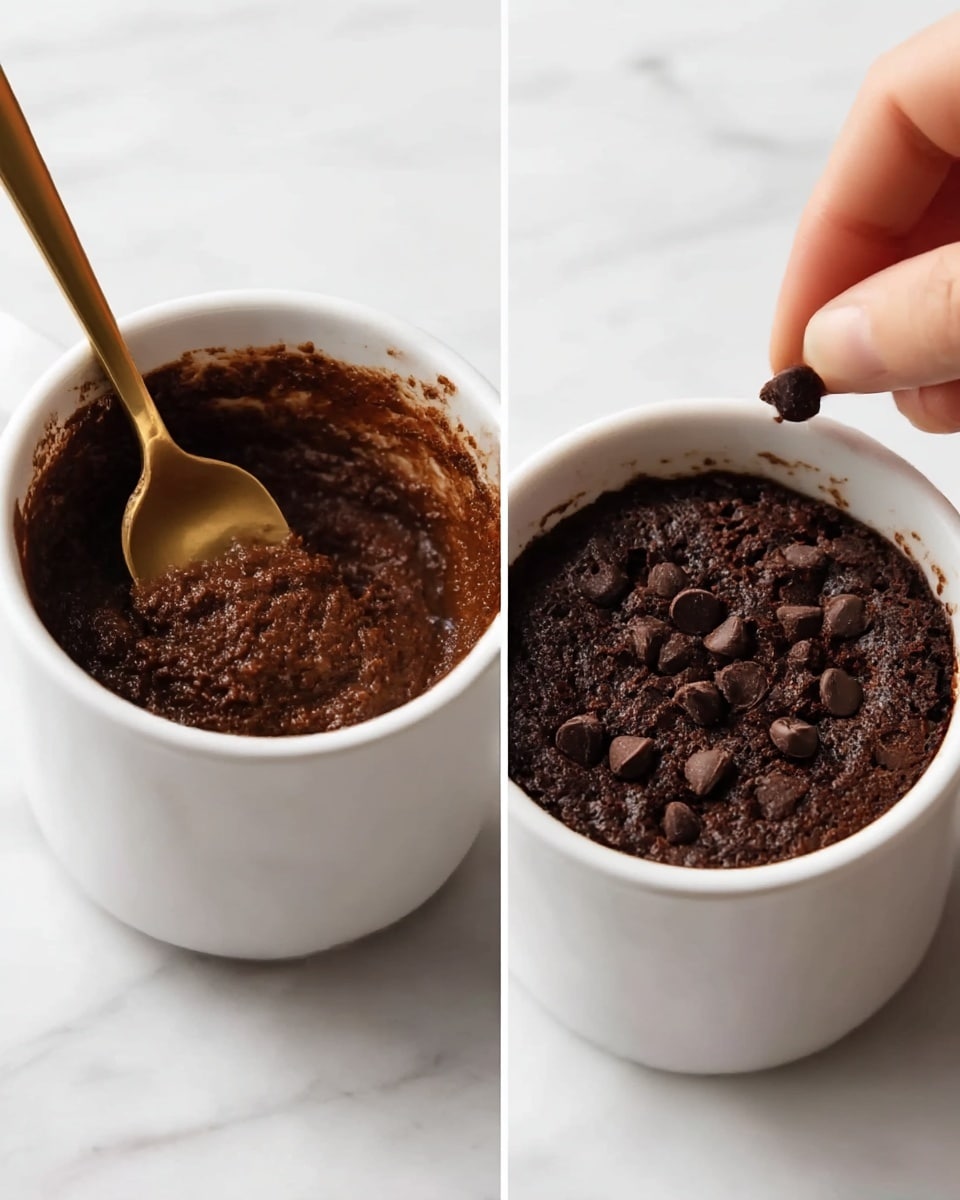 The image shows a white mug on a white marbled surface with two views side by side. On the left, the mug contains a dark brown, thick, slightly lumpy chocolate mixture being stirred with a golden fork. The texture looks moist and dense. On the right, the same mug shows the now baked chocolate cake topped with scattered dark chocolate chips, creating a rough, cracked surface with a rich, dark color. A woman's hand is about to place one more chocolate chip on the top. Photo taken with an iphone --ar 4:5 --v 7