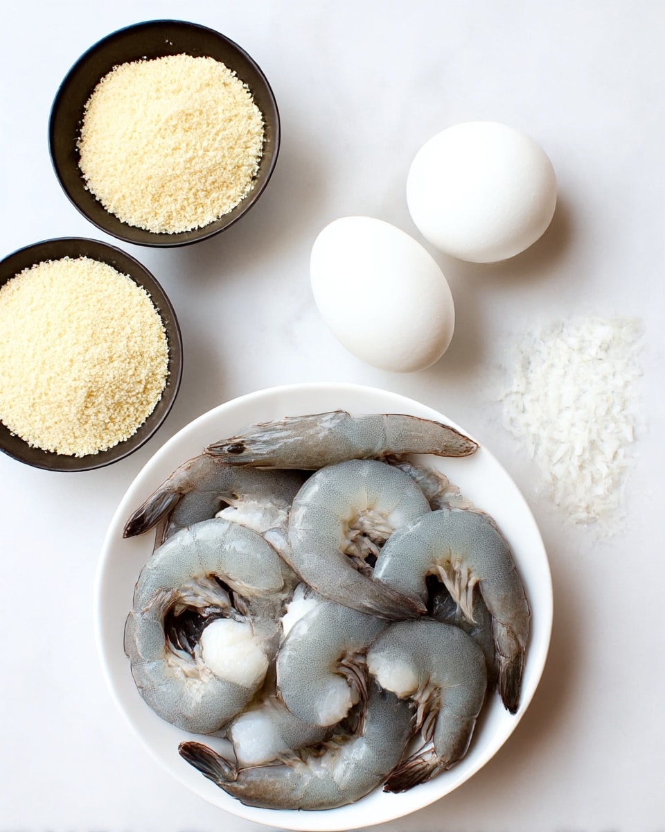 A white bowl full of raw gray shrimp with white parts on the tails sits at the bottom half of the image. Above the bowl, there are two white eggs placed side by side on a white marbled surface. On each side of the eggs, there are two black bowls containing dry ingredients; the left bowl has a light yellow crumbly texture, and the right bowl holds white shredded flakes. The whole setup rests on a bright white marbled background. photo taken with an iphone --ar 4:5 --v 7
