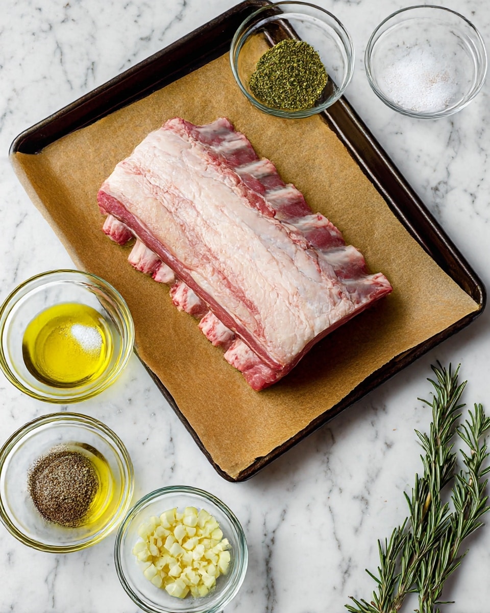 A large rack of raw meat with a thick pale pink fat layer on top is placed on brown parchment paper on a dark baking tray. Surrounding the tray on a white marbled surface are six clear glass bowls: one holding bright yellow oil with herbs, one with a light green dried herb mix, another with salt and pepper, a bowl of mixed green dried herbs, and one with chopped pale yellow garlic pieces. Two sprigs of fresh green rosemary lie near the bowls on the right side. The setup is neat and ready for cooking. photo taken with an iphone --ar 4:5 --v 7
