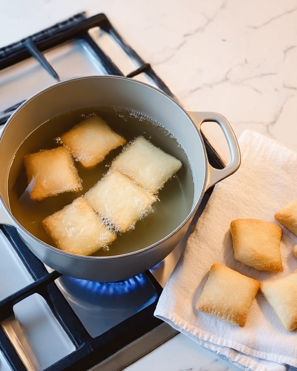 A light gray pot with two handles sits on a black stove with blue flame, filled with clear hot oil where five pale golden square dough pieces are frying gently, puffed up and floating; to the right, on a white marbled surface, more pale square dough pieces are resting on a flat white cloth. Photo taken with an iphone --ar 4:5 --v 7