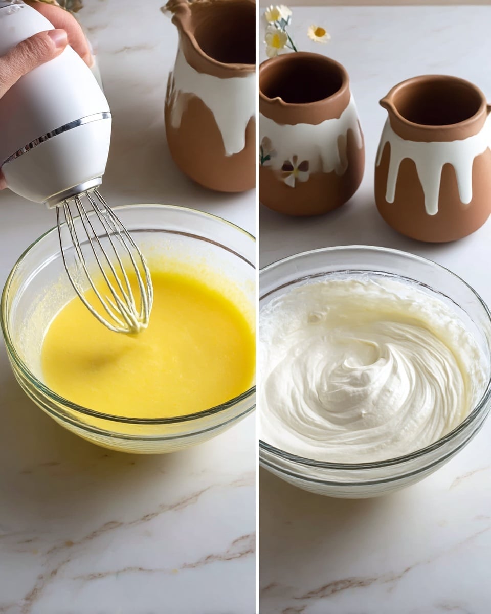 Two side-by-side images show a clear glass bowl with a white marbled surface underneath. In the left image, a woman's hand holds a white electric mixer whisking a bright yellow mixture that has a smooth, slightly thick texture filling the bowl halfway. In the right image, the same bowl contains a thick, fluffy white mixture being whipped by the mixer held by the woman's hand, creating soft peaks and swirls on the surface. In the background, there are two brown ceramic pots with white drip details and small flower designs placed on the white marbled surface. photo taken with an iphone --ar 4:5 --v 7