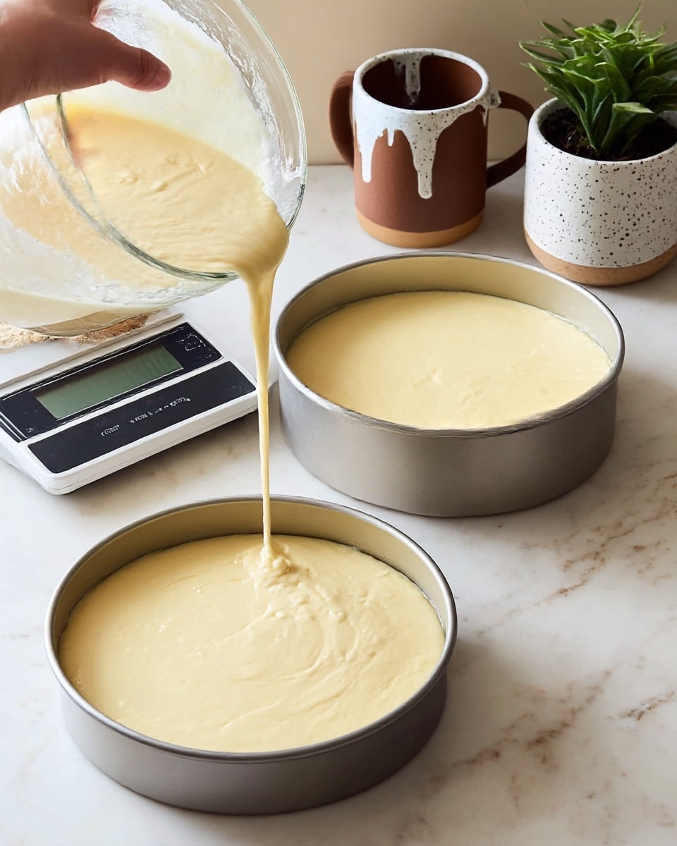 Two round silver cake pans sit on a white marbled surface, each filled with a smooth, pale yellow batter layer that is thick and creamy. In the left image, a woman's hand is pouring more batter from a clear glass bowl into one cake pan on a digital scale. Behind the pans are two brown ceramic mugs with white glaze drips and a small green plant in a white speckled pot. The scene shows the batter layers just before baking, with the batter covering the entire bottom of the pans evenly and smoothly. Photo taken with an iphone --ar 4:5 --v 7