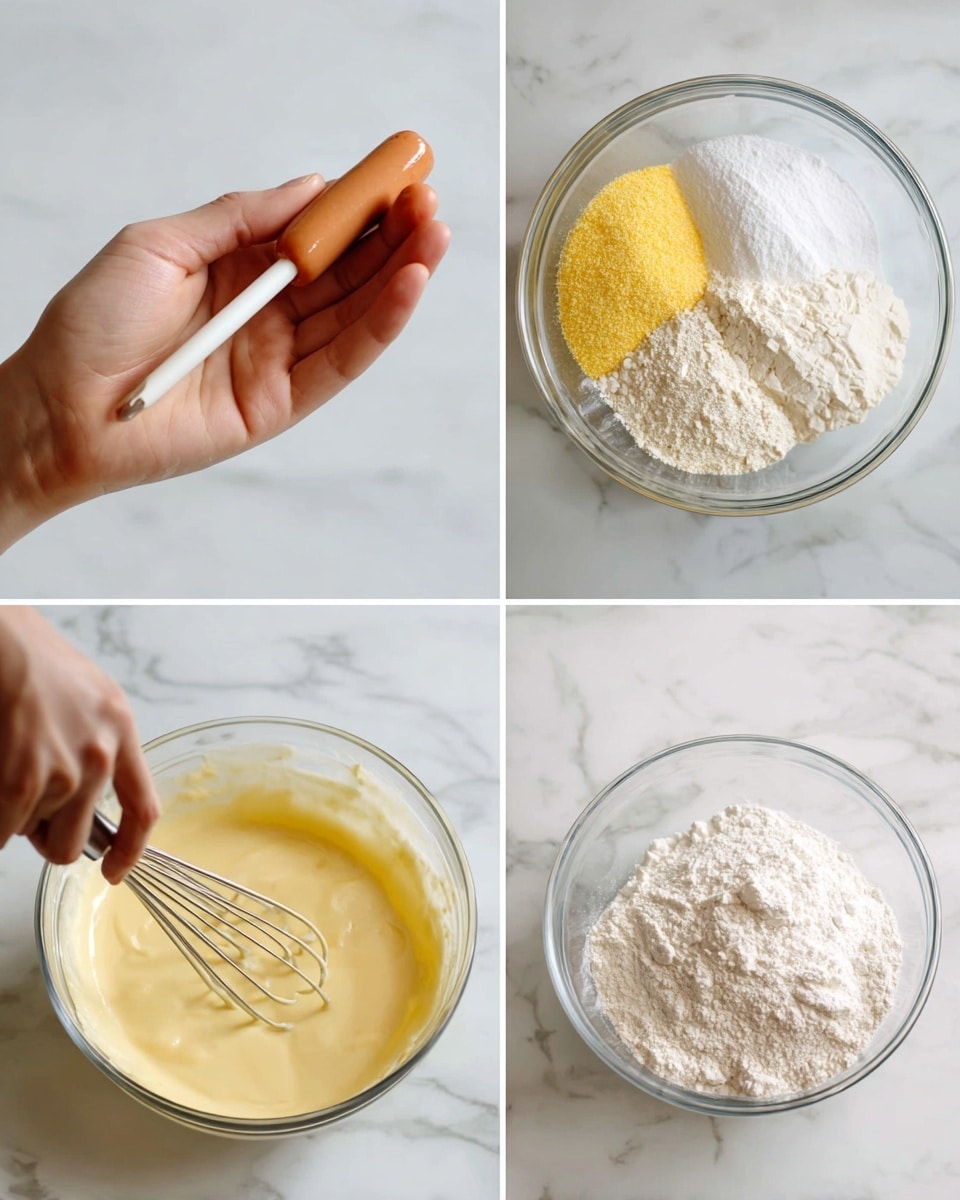 The first image shows a woman’s hand holding a small hot dog on a white stick against a white marbled surface. The second image is a top view of a clear glass bowl on a white marbled surface, with four dry ingredients in separate piles: yellow cornmeal, white flour, white sugar, and white baking powder. The third image shows a clear glass bowl on a white marbled surface with a yellow batter being mixed by a whisk held by a woman’s hand; in the background, another clear bowl holds small hot dogs. Photo taken with an iphone --ar 4:5 --v 7
