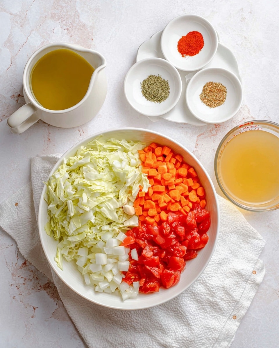 A white bowl holds four piles of chopped ingredients arranged in sections: pale green leafy cabbage pieces on the left, small white diced celery pieces on the upper right, bright orange diced carrots in the middle right, and diced white onions at the bottom with one garlic clove resting near them. Above the bowl, a white ceramic cup with golden yellow olive oil is placed, and next to it is a small white plate with four different powdered spices in small piles—greenish dried herbs, coarse white salt, bright red paprika, and black pepper. To the right, a white bowl is filled with chunky red diced tomatoes in juice. At the bottom right, a clear glass measuring cup is filled with light golden yellow broth. All of this is set on a white marbled surface with a white cloth under the main bowl. Photo taken with an iphone --ar 4:5 --v 7