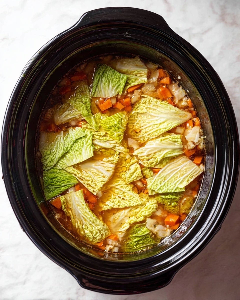 In a black slow cooker filled with a soup mixture, you see three clear layers: at the bottom, small soft white onion pieces and bits of orange carrot, in the middle a reddish broth with oil droplets floating on top, and on the surface, large pieces of green and white cabbage leaves with visible veins spread out unevenly. The soup looks just started to cook with fresh vegetable textures. The slow cooker sits on a white marbled surface. photo taken with an iphone --ar 4:5 --v 7