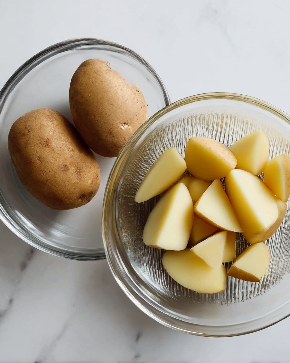 The image shows two side-by-side glass bowls on a white marbled surface. The bowl on the left contains two whole brown potatoes with rough skin. The bowl on the right holds six potato pieces, peeled with smooth pale yellow flesh visible, placed in a clear glass bowl. The glass bowls have clear, smooth sides with some light reflections. Photo taken with an iphone --ar 4:5 --v 7