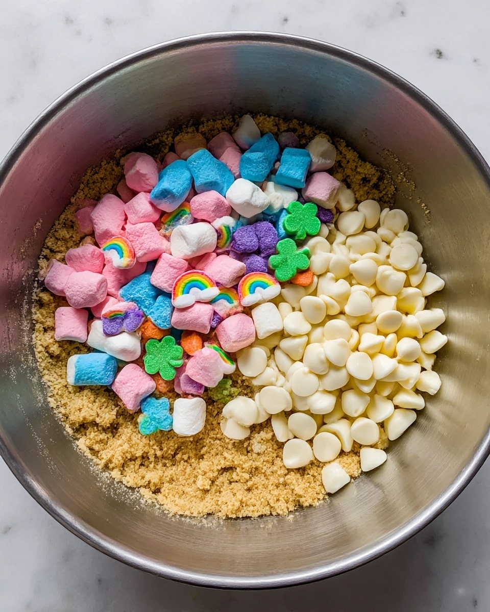 Inside a large silver metal bowl, there is a base layer of a light brown crumbly dough. On top of this dough, there are two main groups of toppings: on the left is a cluster of colorful small marshmallows in bright pink, blue, green, purple, and orange shades, each with various shapes and some with details like rainbows and shamrocks; on the right side, there is a separate pile of smooth, white, teardrop-shaped white chocolate chips. The bowl sits on a white marbled surface. Photo taken with an iphone --ar 4:5 --v 7